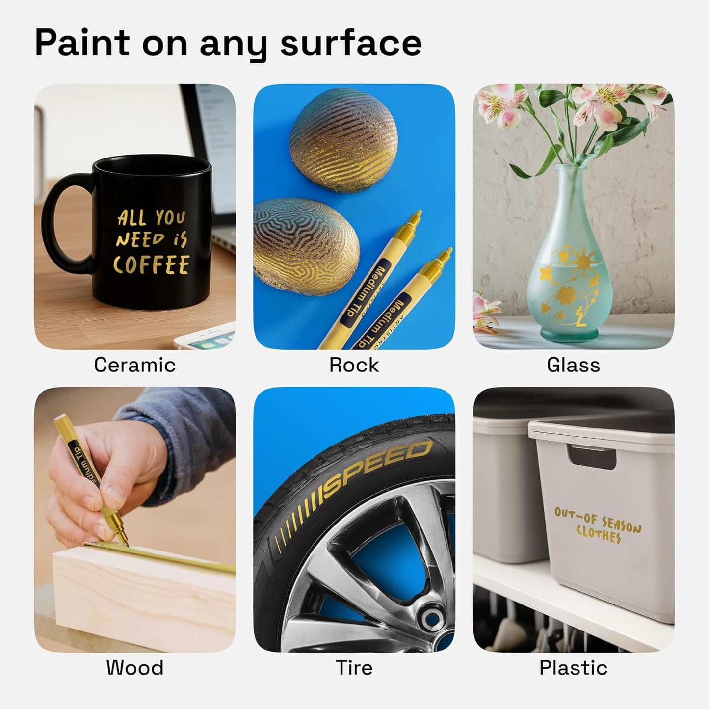 ARTISTRO 2 Gold Permanent Marker - Waterproof Markers for Tire, Fabric, Rocks, Glass, Ceramic, Wood, Paper - Oil Based Paint Pens - Medium Tip 3mm