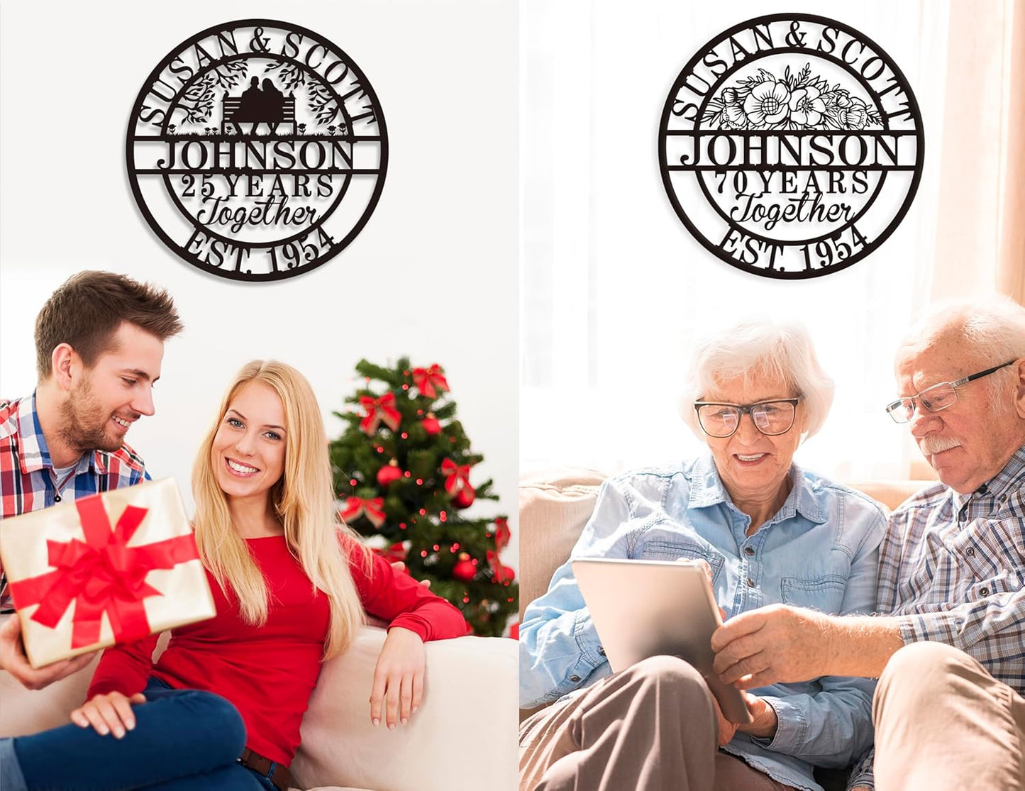 Custom 50th/40th/60th/70th/30th/1-99 Years Wedding Anniversary Sign Gifts for Couples Parents, Custom Metal Monogram Sign Personalized Family Name Signs (Flowers)