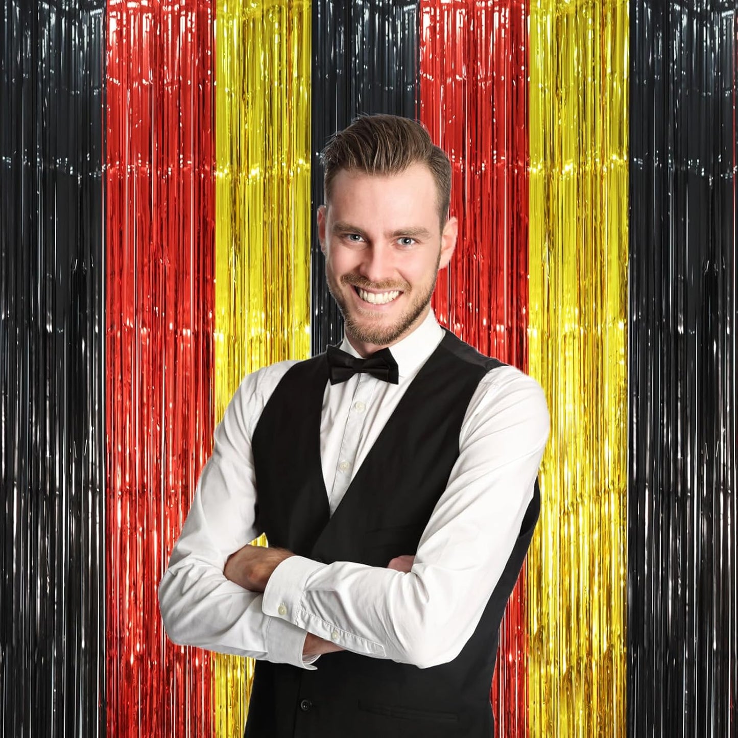 2 Pack Red Black Gold Foil Fringe Backdrop Curtains, Tinsel Streamers Party Decorations, Fringe Backdrop, Door Shimmer for Thanksgiving Day or Birthday Party