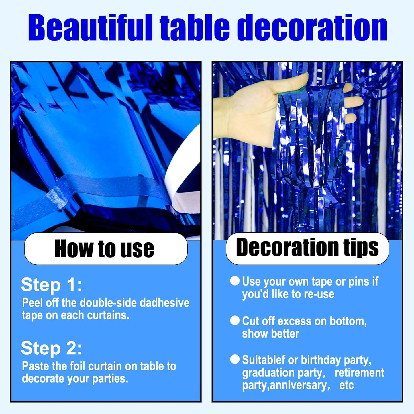 3 Pack 29 x108 Inch Blue Foil Fringe Table Skirts Metallic Banner for Tinsel Streamer Garland Backdrop for Parade Floats Wedding Thanksgiving Birthday Christmas Halloween New Year Party Decoration