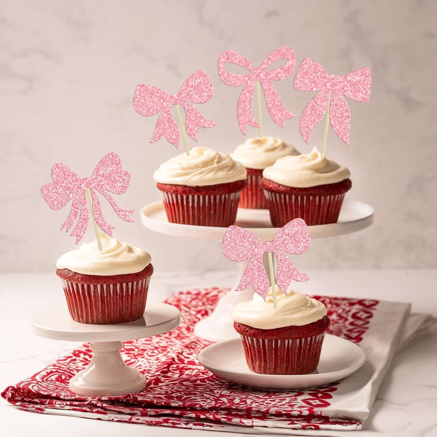 Gyufise 36Pcs Bow Cupcake Toppers Glitter Girls Birthday Decorations Bowknot Cupcake Picks Bow Tie Birthday Decorations Bow Cake Toppers for Bridal Baby Shower Bachelorette Party Supplies Pink
