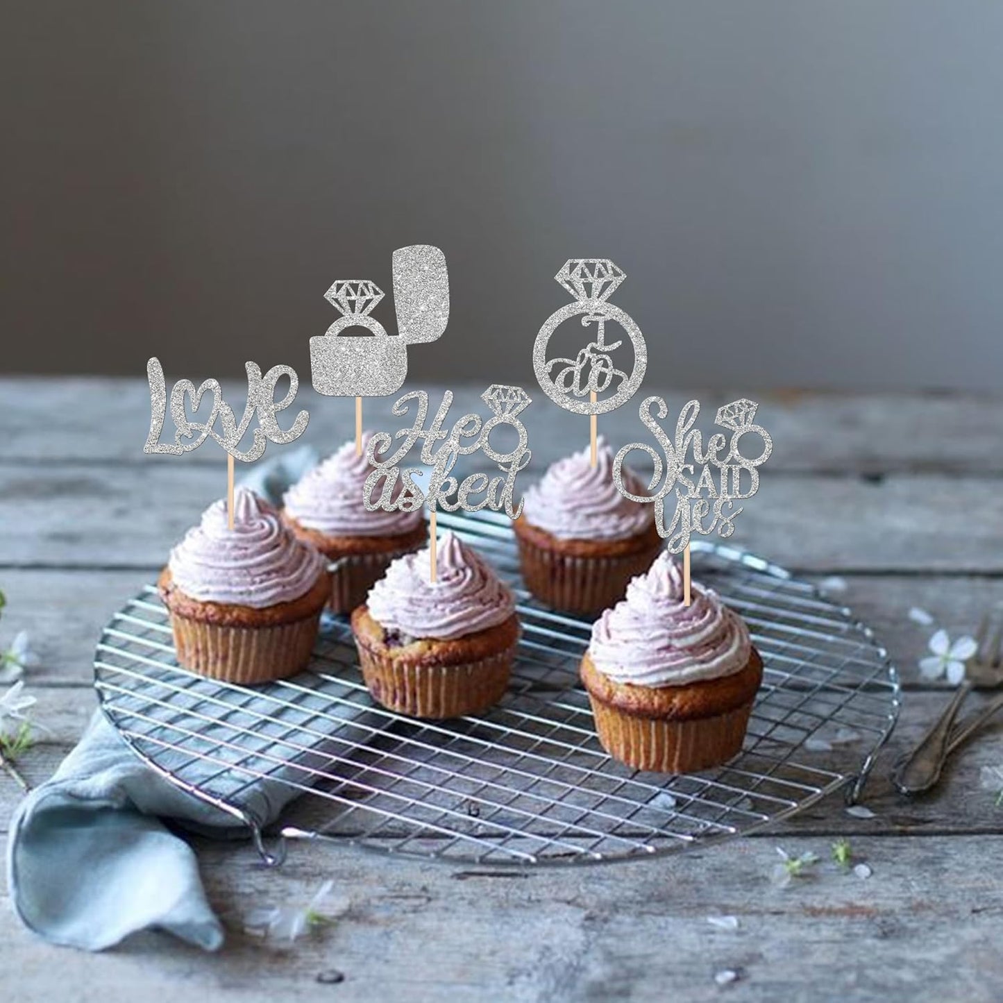 30 PCS He Asked She Said Yes Cupcake Toppers Diamond Ring Cupcake Picks Love I Do Bridal Shower Cupcake Decorations for Wedding Enaggement Theme Party Cake Decorations Supplies Silver