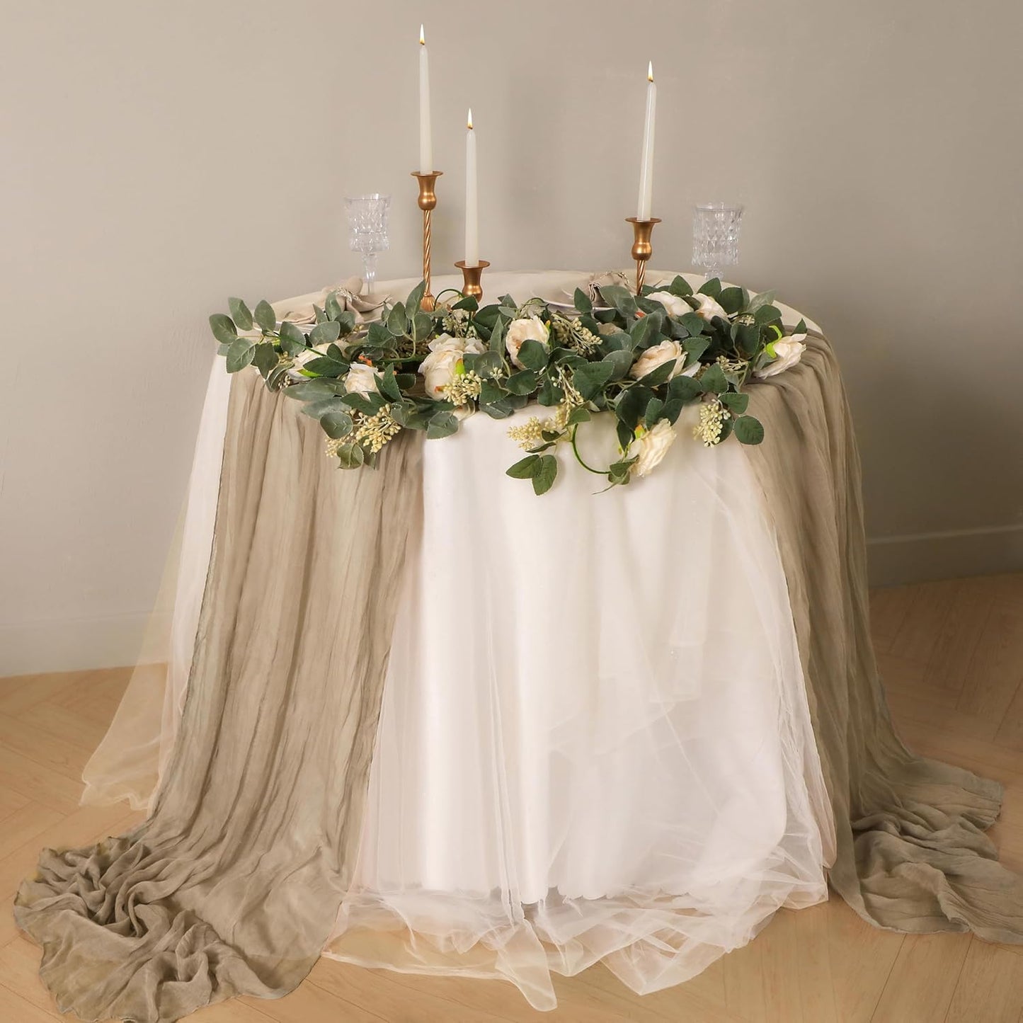 Snowkingdom 10 FT Nude Brown Cheesecloth Table Runner, 120 inch Long Cheese Cloth Boho Rustic Gauze Sheer Runner for Wedding Party Baby Shower Birthday Christmas Holiday Table Decorations