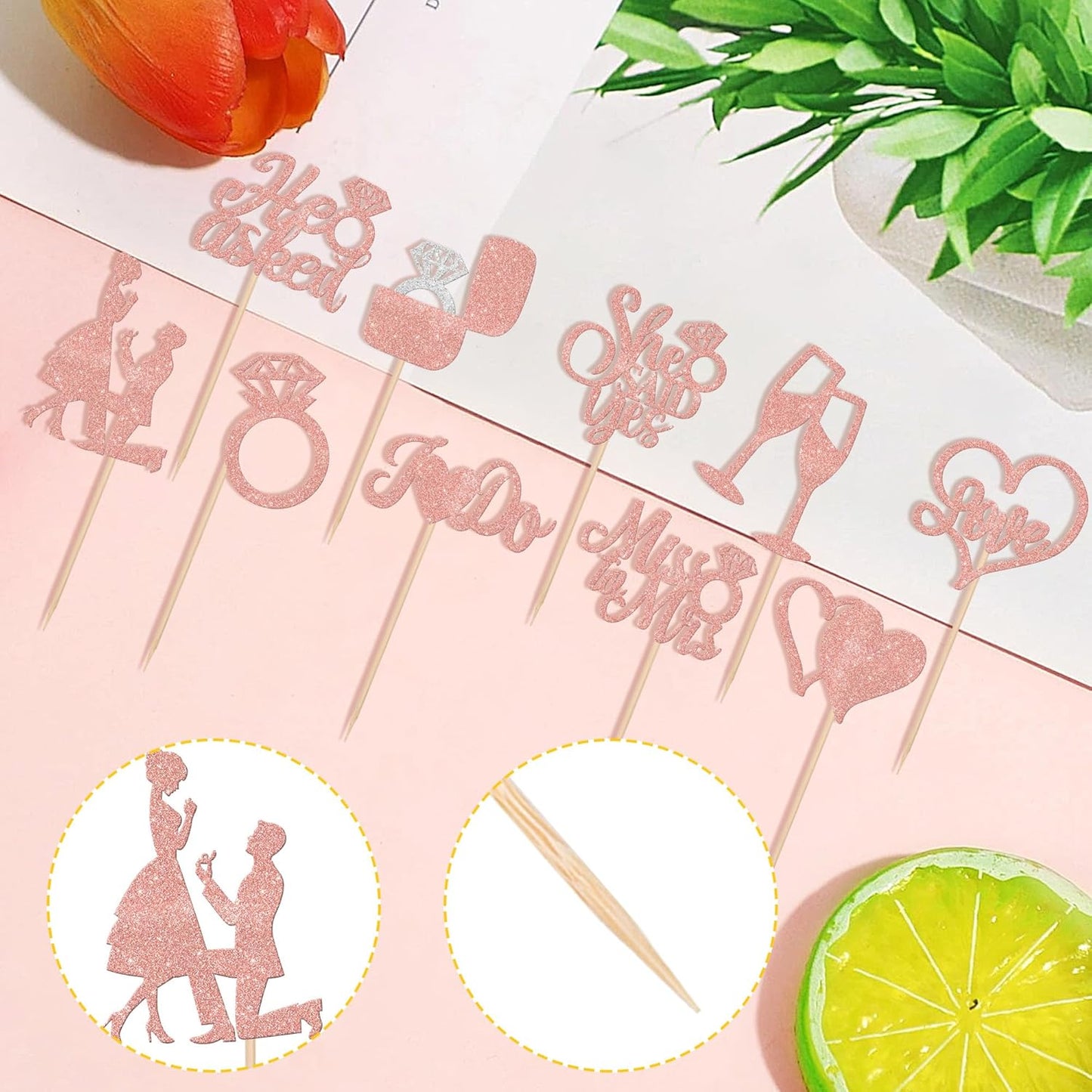 30 PCS He Asked She Said Yes Cupcake Toppers Glitter Wedding Engagement Cupcake Picks Miss to Mrs I Do Love Heart Ring Miss to Mrs Cake Decorations for Wedding Engagement Party Supplies Rose Gold