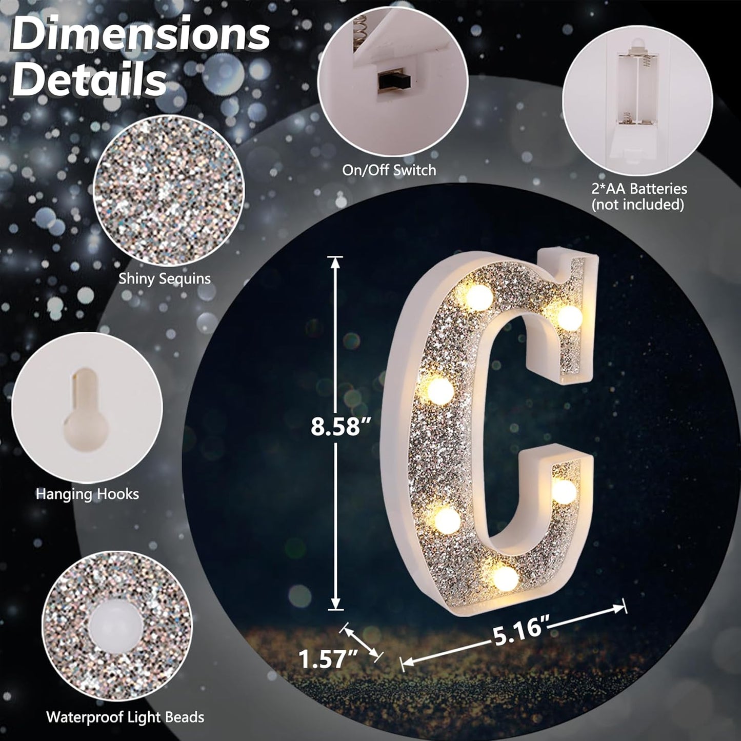 Marquee Light Up Letters, Glitter Silver LED Letter Lights Battery Powered Alphabet Letter Sign for Night Light Wedding Birthday Party Cafe Bar Decoration Girls Room Decor - C