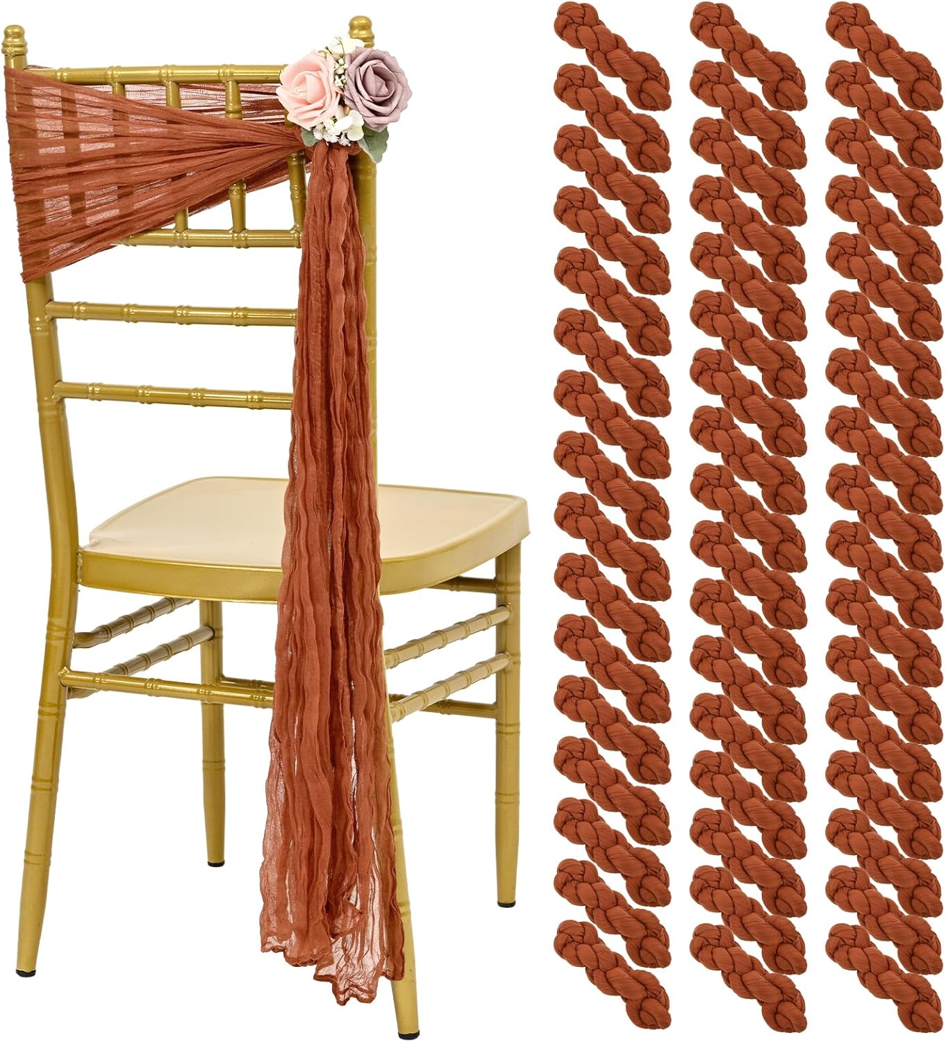 50 PCS Cheesecloth Chair Sashes, Bows Designed ChairSashes, 15.7x108 inch Chair Sashes for Aisle Decorations Universal Chairs Cover Decoration for Wedding Reception Party Banquet (Terracotta)