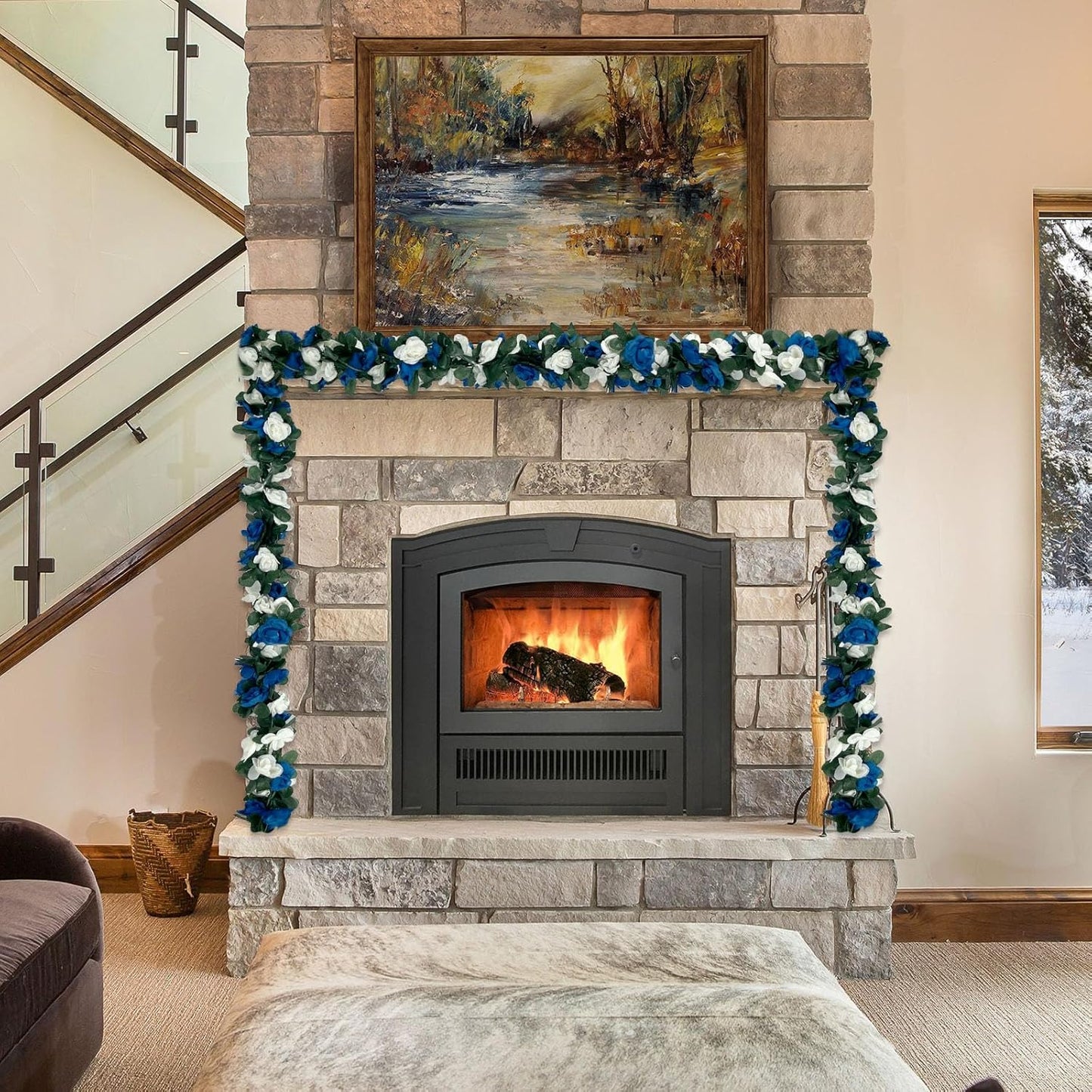 16Pcs 126Ft Royal Blue&White Rose Garland, Fake Rose Hanging Flowers, Artificial Flower Vine, Hanging Floral Vine Garland for Wedding, Wall Arch, Halloween, Christmas Garden Backdrop Decor