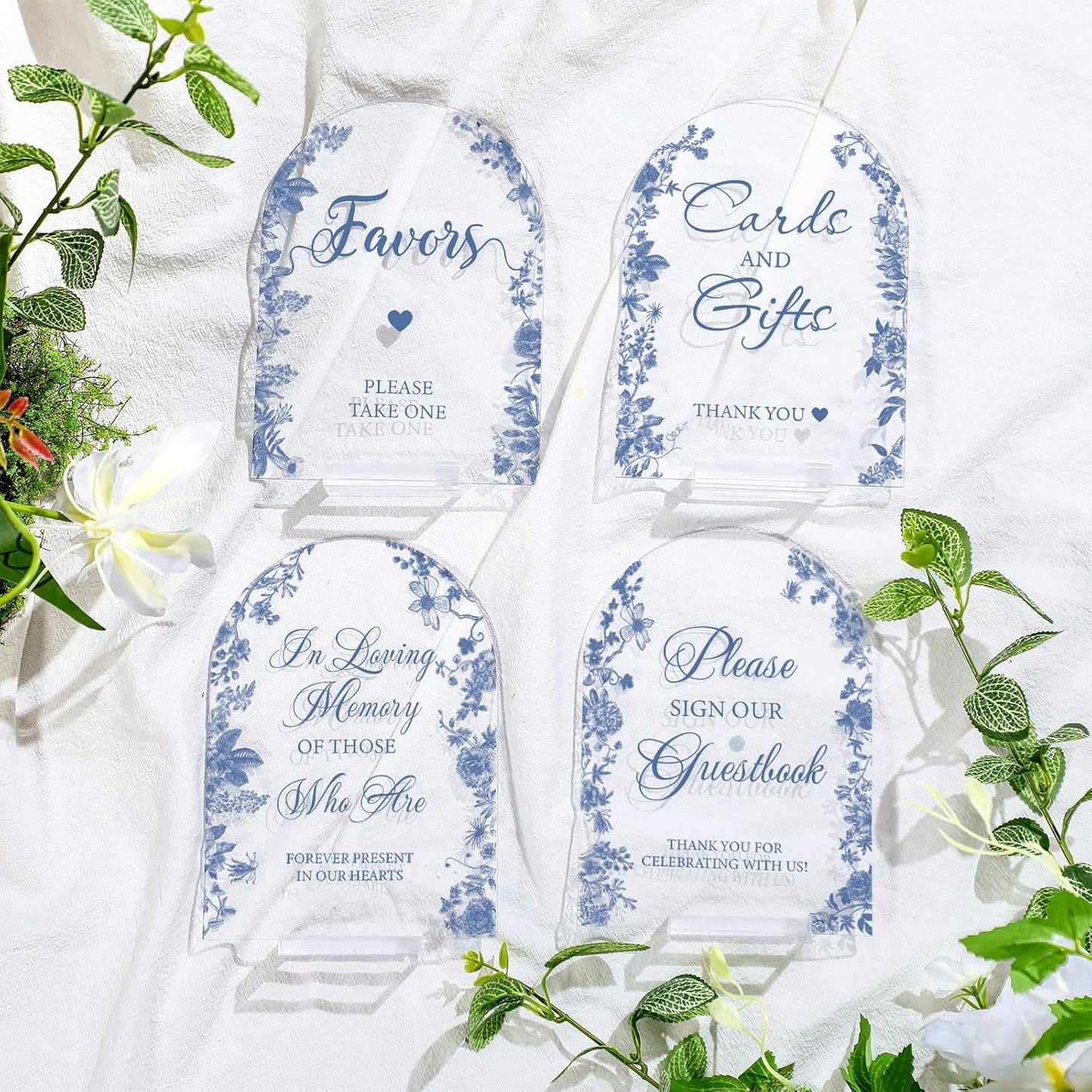 4 Pcs Flower Acrylic Wedding Signs for Ceremony and Reception Guest Book Wedding Cards and Gifts Sign Please Take One Couple Loving Memory table Decor(Blue Flower)
