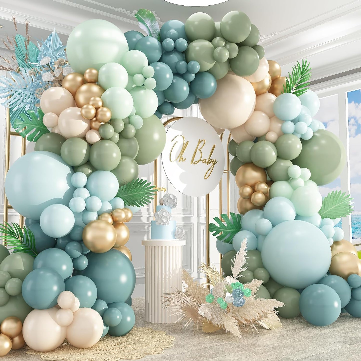 412Pcs Dusty Blue Green Balloon Garland Arch Kit,Haze Fog Blue Ash Mist Sage Green Sand White Gold Balloons Different Sizes Matte Latex Balloons for Baby Shower Birthday Wedding Party Decorations