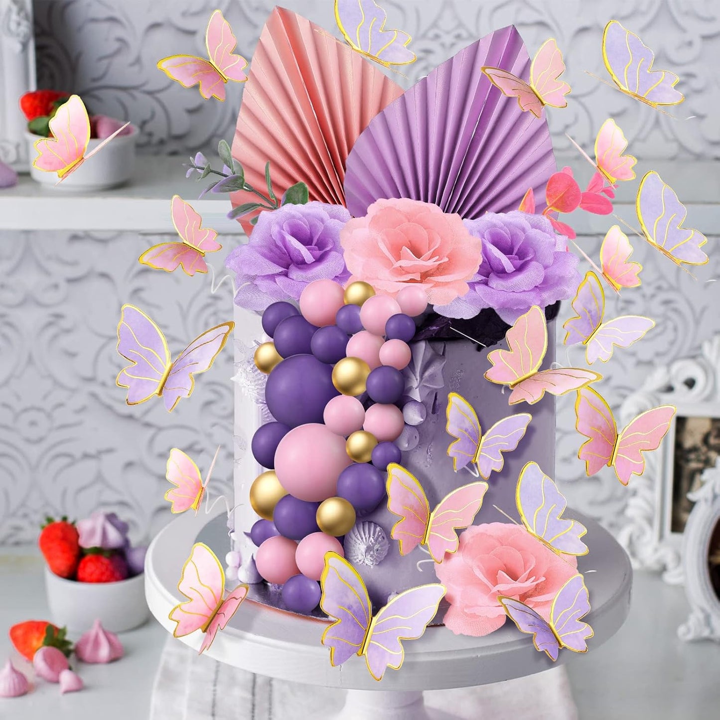 Shimeyao 52 Pcs Wedding Birthday Gold Cake Decoration Boho Cake Topper Pink Purple Flower Butterfly Palm Leaves Balls Toppers for Women Baby Shower Party Decoration(Candy Color)