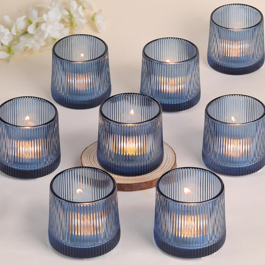DARJEN Blue Ribbed Tealight Votive Candle Holders Set of 10- Votive Candle Holders for Table Centerpiece, Tea Light Candle Holder Glass for Wedding and Home Decor, Blue Decor and Gifts