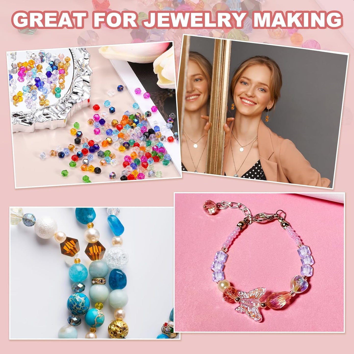 PATIKIL 1000pcs 3mm Bicone Glass Crystal Beads, Faceted Glass Spacer Beads with Box for Jewelry Making Bracelet Necklace Earrings DIY Suncatcher Craft, Pink AB