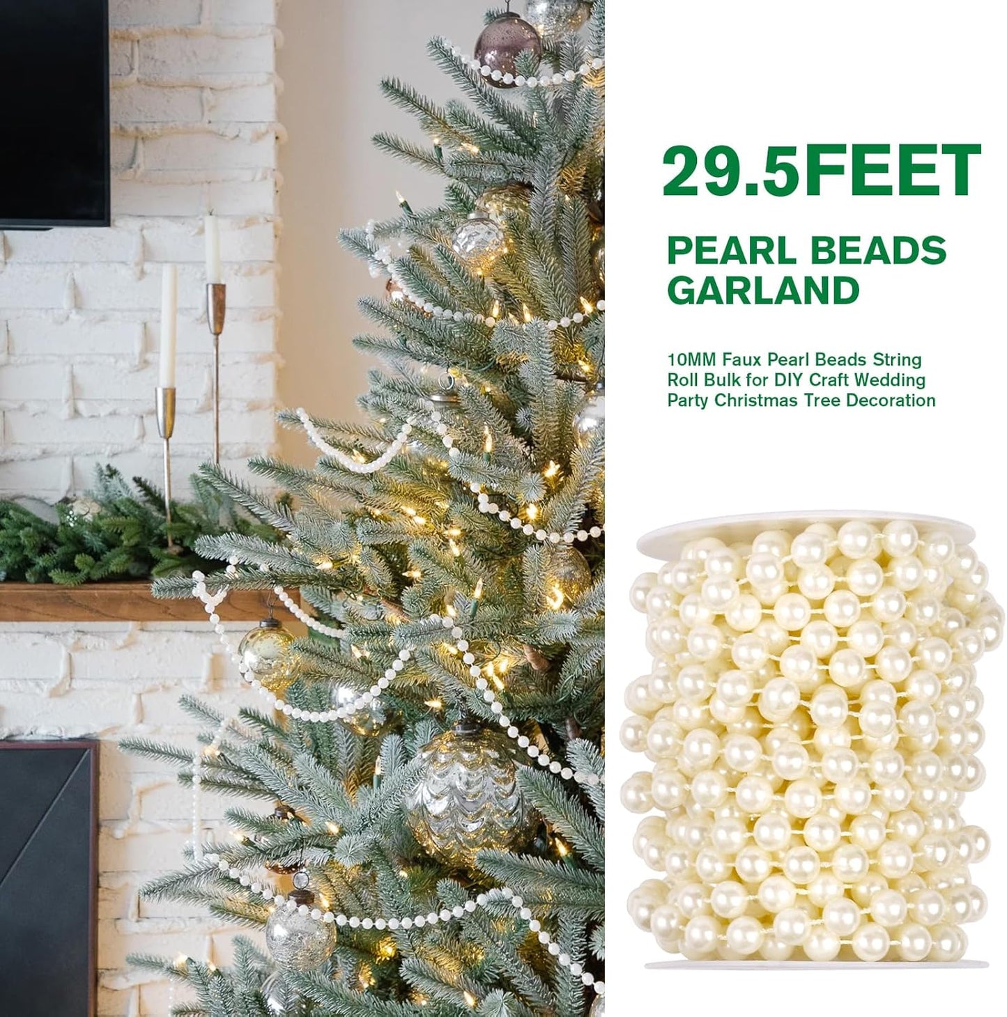 [29.5Feet] Pearl Beads Garland, 10MM 9.8 Yards Faux Pearl Beads String Roll Bulk for DIY Craft Wedding Party Christmas Tree Decoration