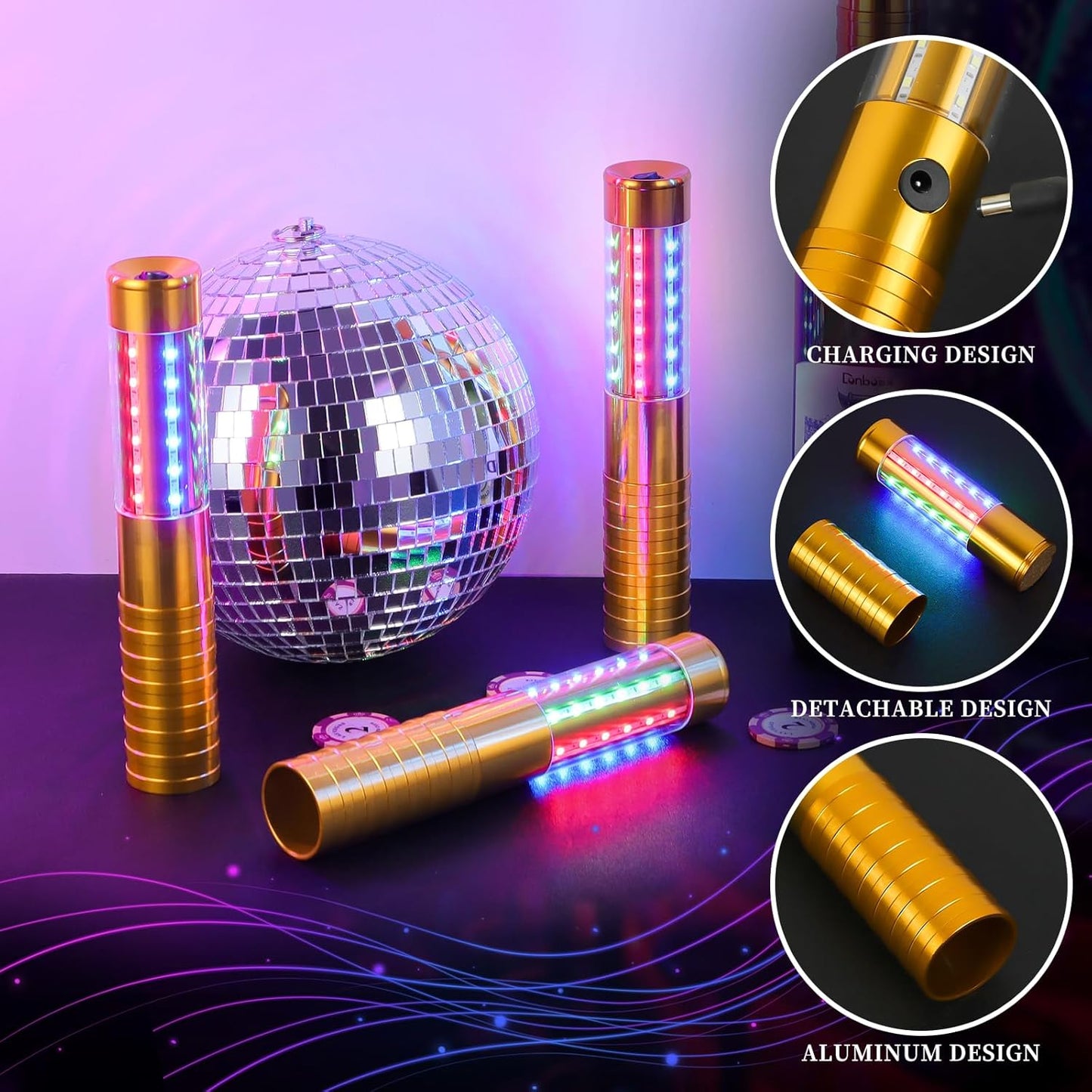 6 Pieces RGB LED Strobe Baton Light Rechargeable Bottle Service Sparklers Stick Reusable Champagne Bottle Handheld LED for Club Stage Nightclub Party Concert Event Bar Outdoor - Gold
