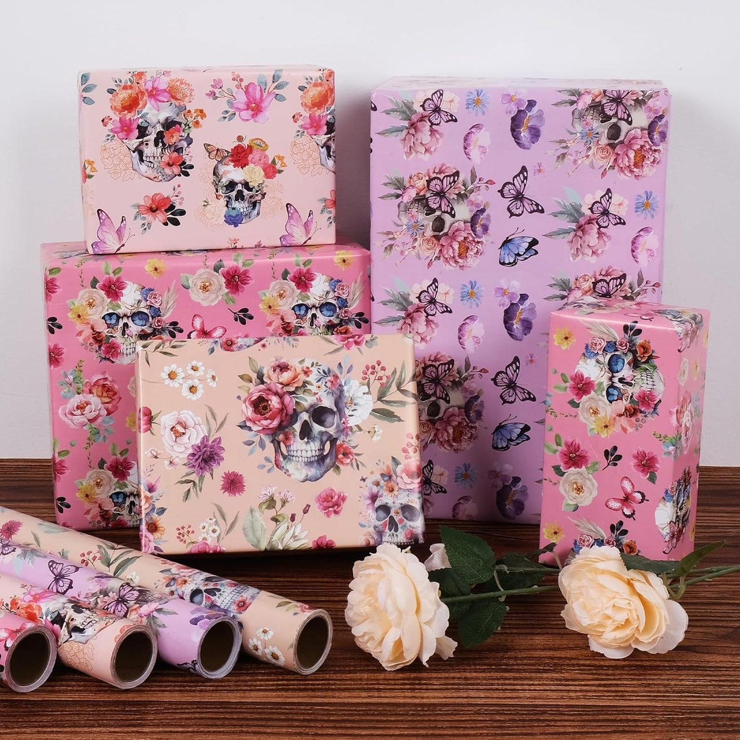 Aimyoo Gothic Wrapping Paper Rolls, 17 Inch X 16.5 Feet - 4 Rolls - Skull Floral Butterfly Design Gift Wrap Paper for Mother's Day, Birthday Bridal Shower