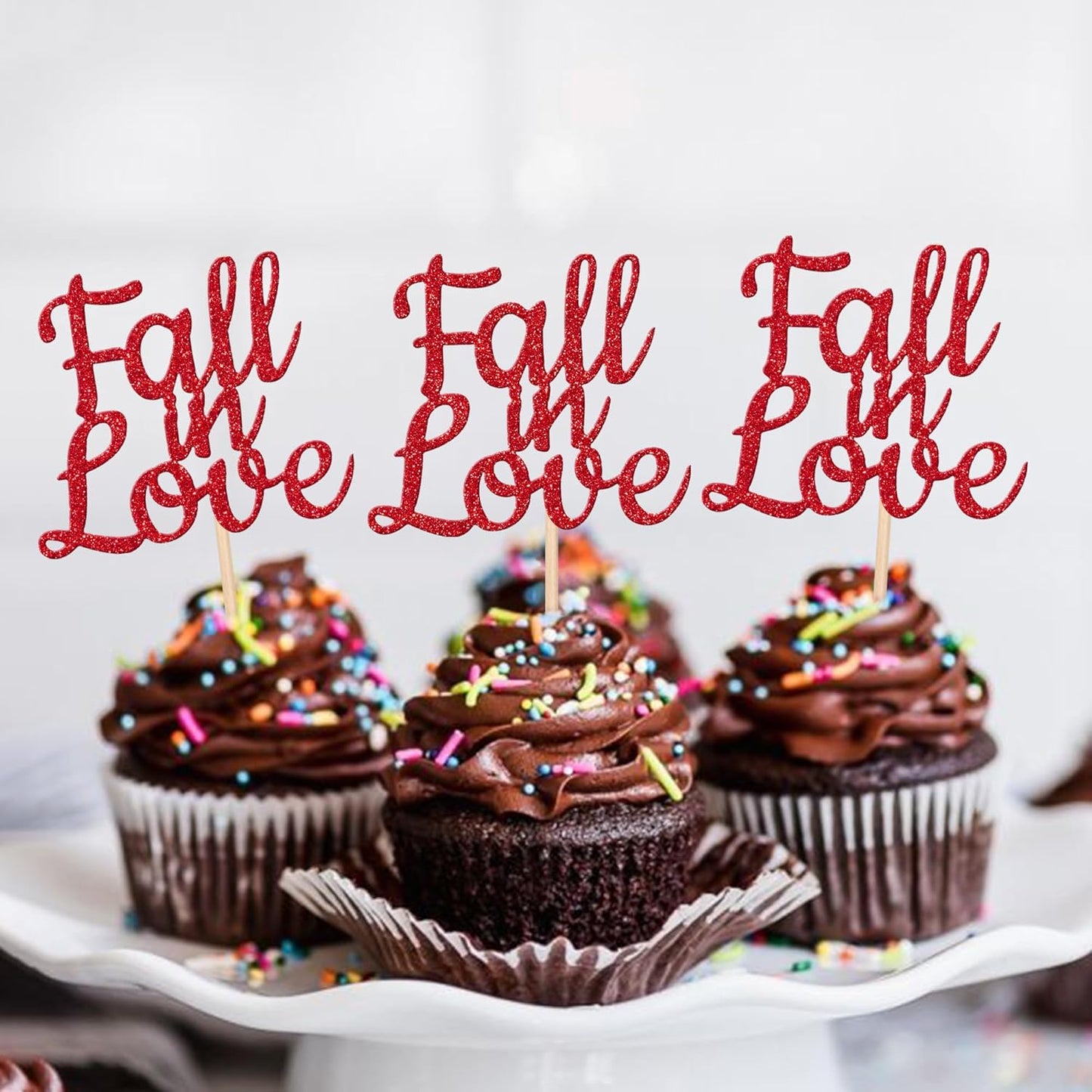 24 PCS Fall in Love Cupcake Toppers Glitter Fall Theme Party Cupcake Picks Bridal Shower Cupcake Decorations for Autumn Wedding Engagement Anniversary Birthday Party Cake Decorations Supplies Red