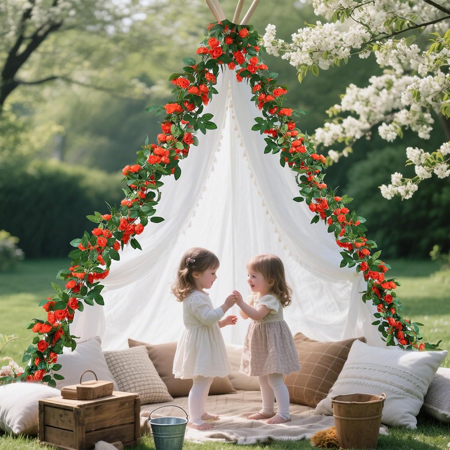 4 Packs Artificial Rose Garland: 31.48Ft Each Fake Flower Vine with Improved Color & 10 Ties for Wedding Arch Backdrop, Home Wall Party Decor, Christmas Decor, Orange