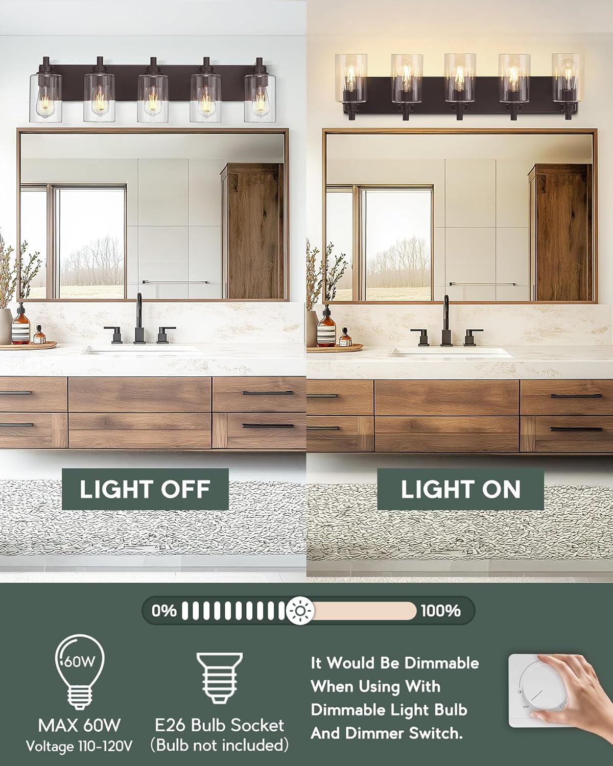 5-Light Bathroom Light Fixtures, 30 Inch Oil Rubbed Bronze Vanity Lights with Cylinder Clear Glass Shade, Modern Vanity Lighting Fixtures Over Mirror, VL143-ORB-5