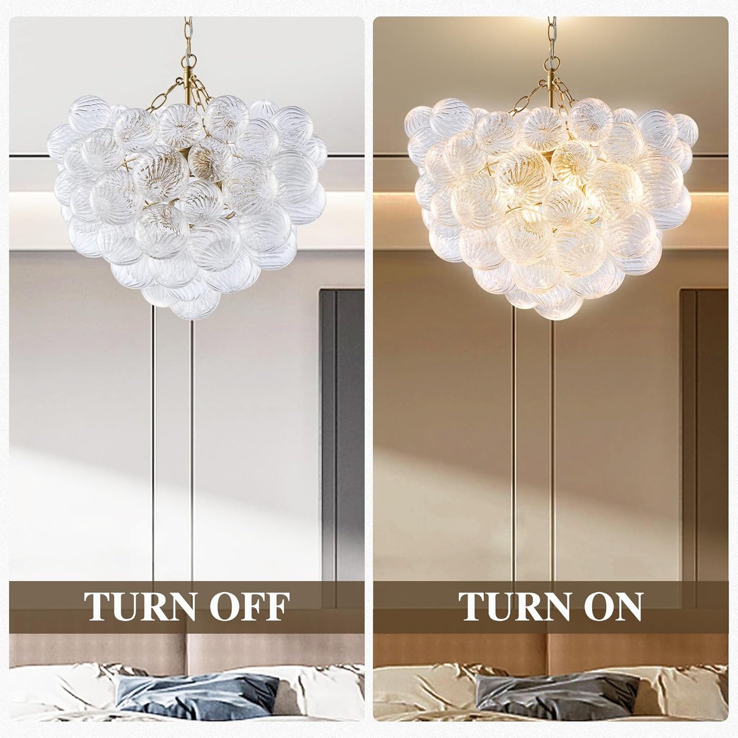Nordic Bubble Ball Swirled Glass Chandelier, Diam 24 inch Gild Gold and Clear Blown Glass Hanging Pendant Light Fixture for Bedroom Study Restaurant