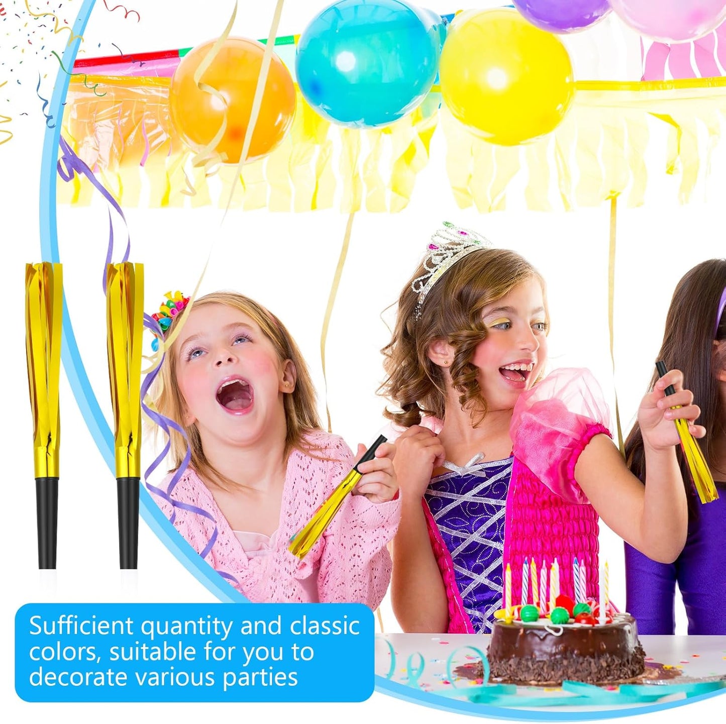 48 Pcs Gold Noise Makers Glitter Metallic Fringed Noise Makers Horns for Baby Shower, Kids Birthday, Wedding Party, New Year Party Favor