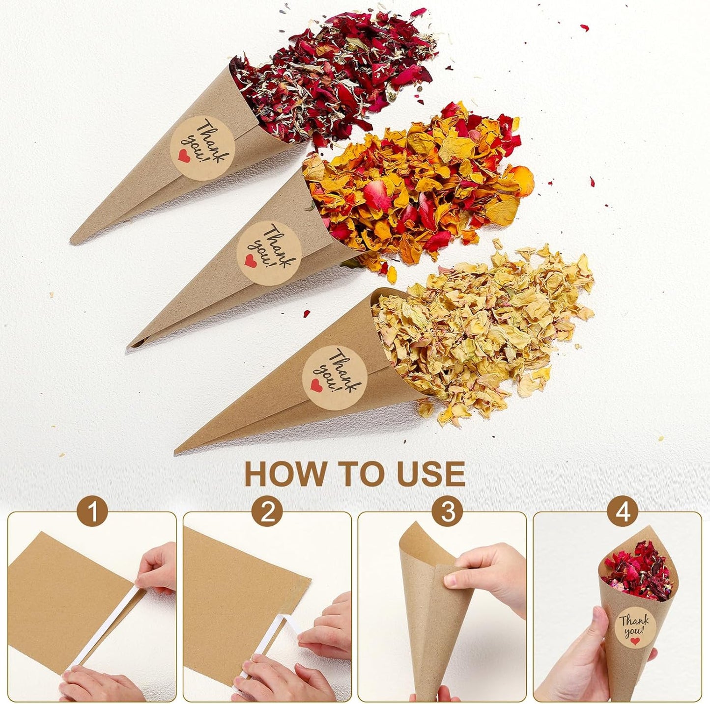 PATIKIL Dried Flower Confetti Cones, 30Pcs Paper Tapers Cone Holder with Dried Rose Petal / Sticker for Wedding Party Engagement Birthday DIY Decoration, Red/Purple