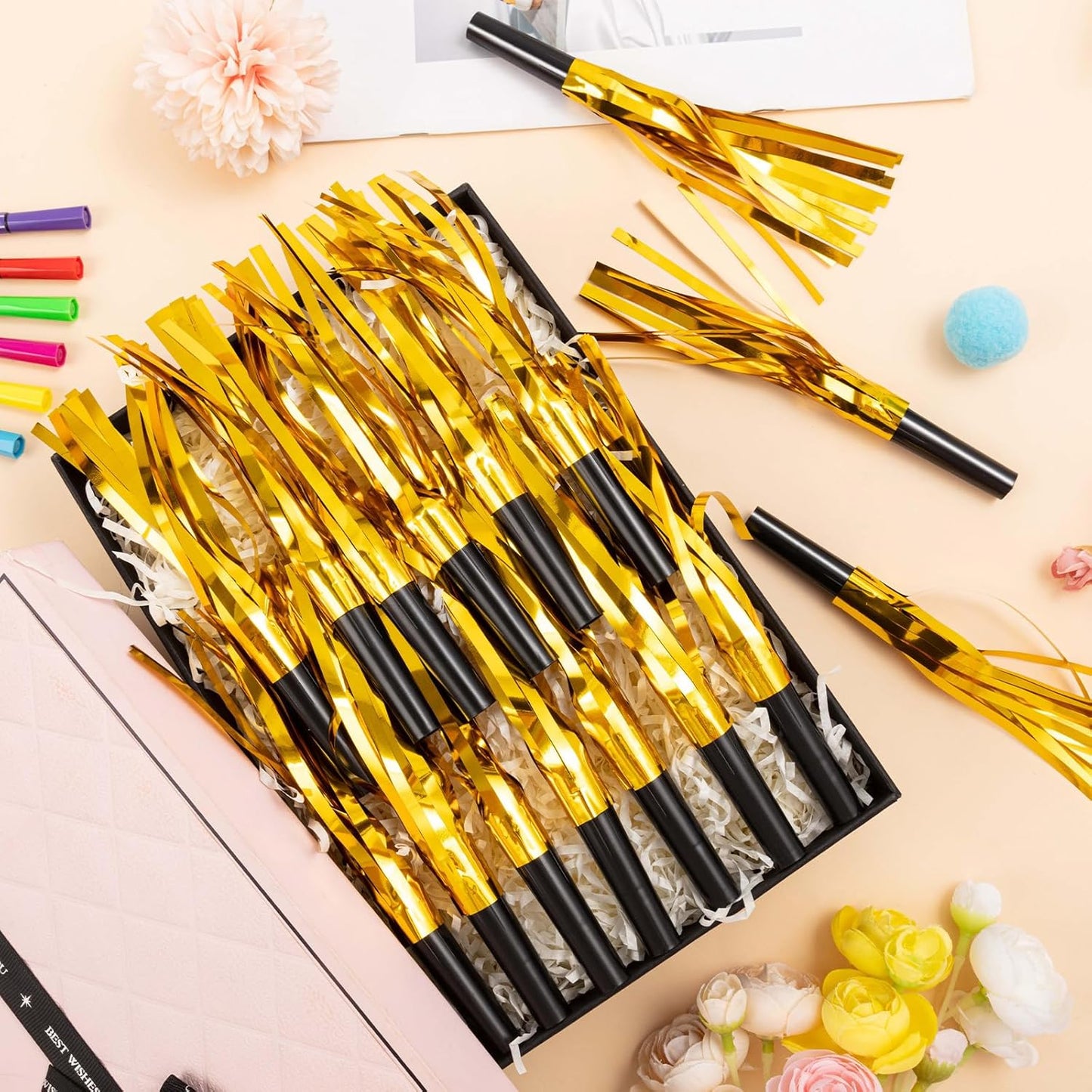 36 Pcs Noise Makers Birthday Blowers Glitter Metallic Fringed Party Blow Horns for Birthday Baby Shower Wedding Graduation Sporting New Year Party Favors Supplie（Gold）