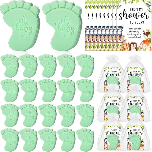 50 Sets Baby Shower Soap Favors for Guests - Mini Handmade Footprint Scented Soap with Thank You Cards and Organza Bag, Party Gifts for Gender Reveal Baptism Shower(Light Green)