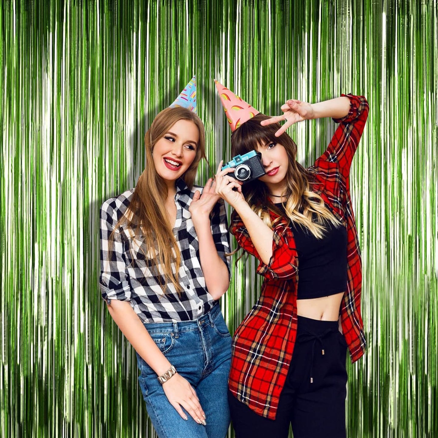 4P Metallic Foil Fringe Tinsel Table Skirts for Rectangle Tables Backdrop Banner Streamer Garland Curtains for Parade Floats Wedding Graduation Anniversary Birthday Parties Decoration (Light Green)