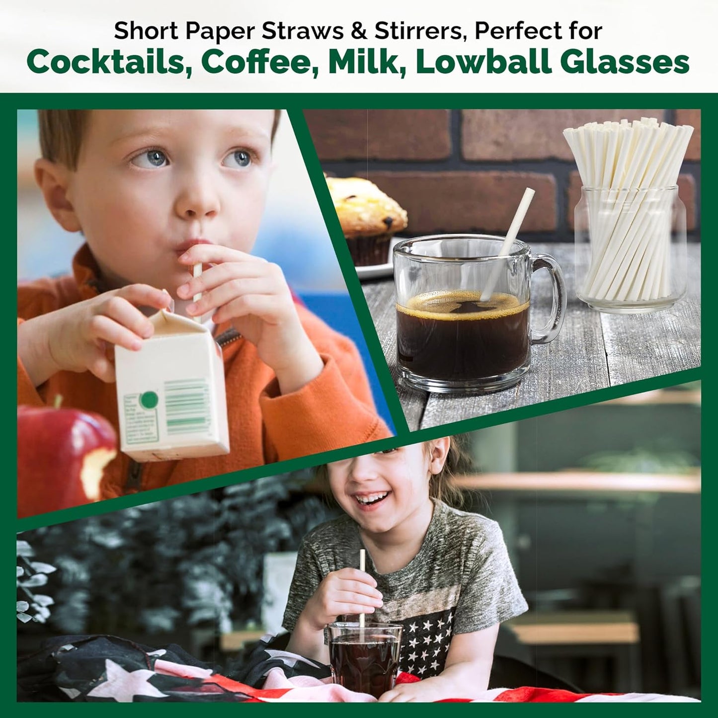 [400 Pack] Compostable Short Paper Straws Individually Wrapped, 5.75" x 0.24", Dye-free White - Great for Kids, Milk Cartons, Cocktail & Coffee
