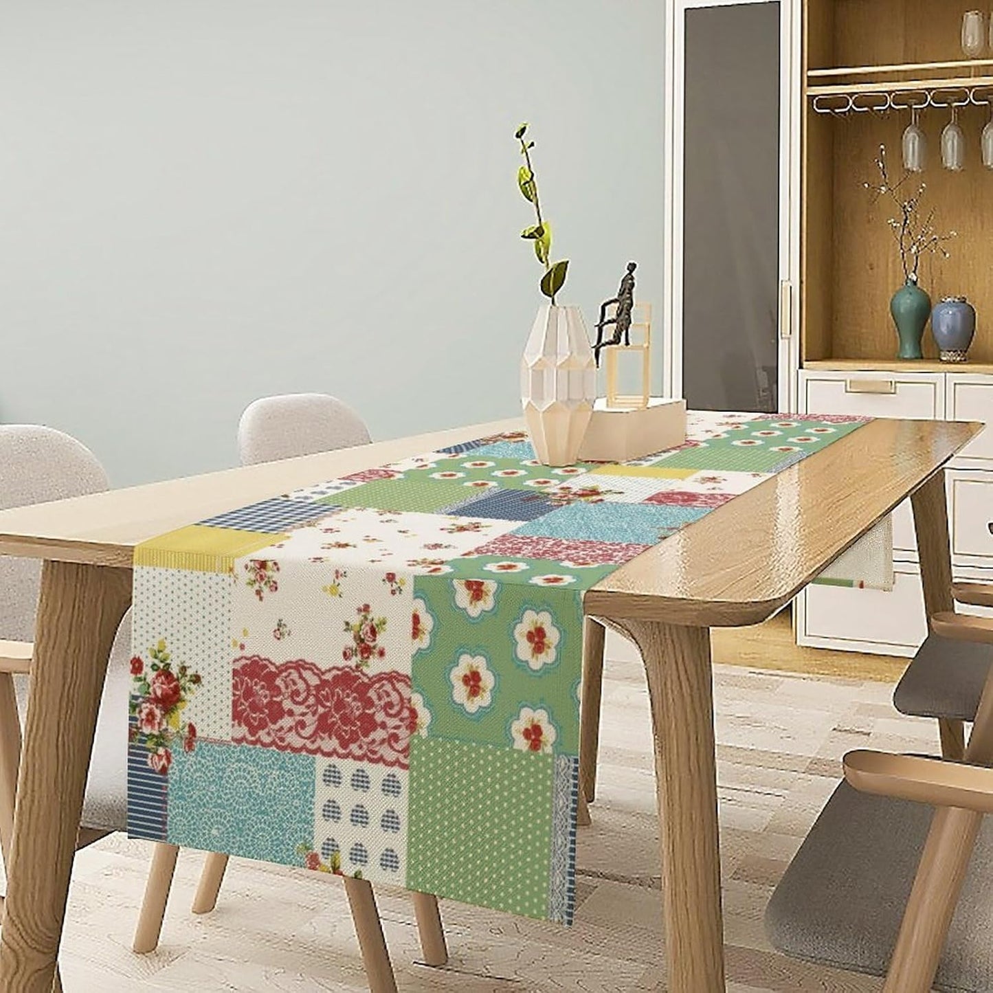 Patchwork Boho Table Runner,Vintage Colorful Floral Plaid Polka Dot Print Tablecloth Burlap for Hotel Indoors Outdoor Dining Room Kitchen Home Decor,W13X L80 in