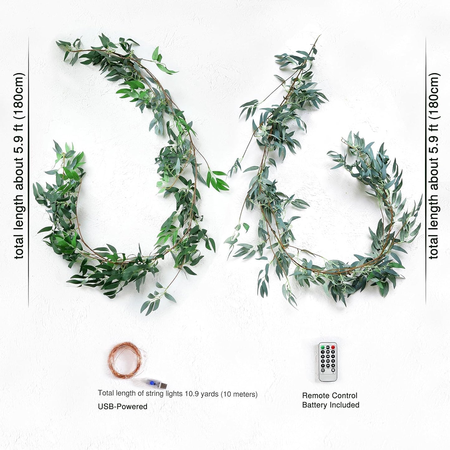 FiveSeasonStuff 2 Mix Rustic Willow Garlands, Bendable Artificial Greenery Vine Leaves for Wedding Home Decoration with 33 Feet String Lights