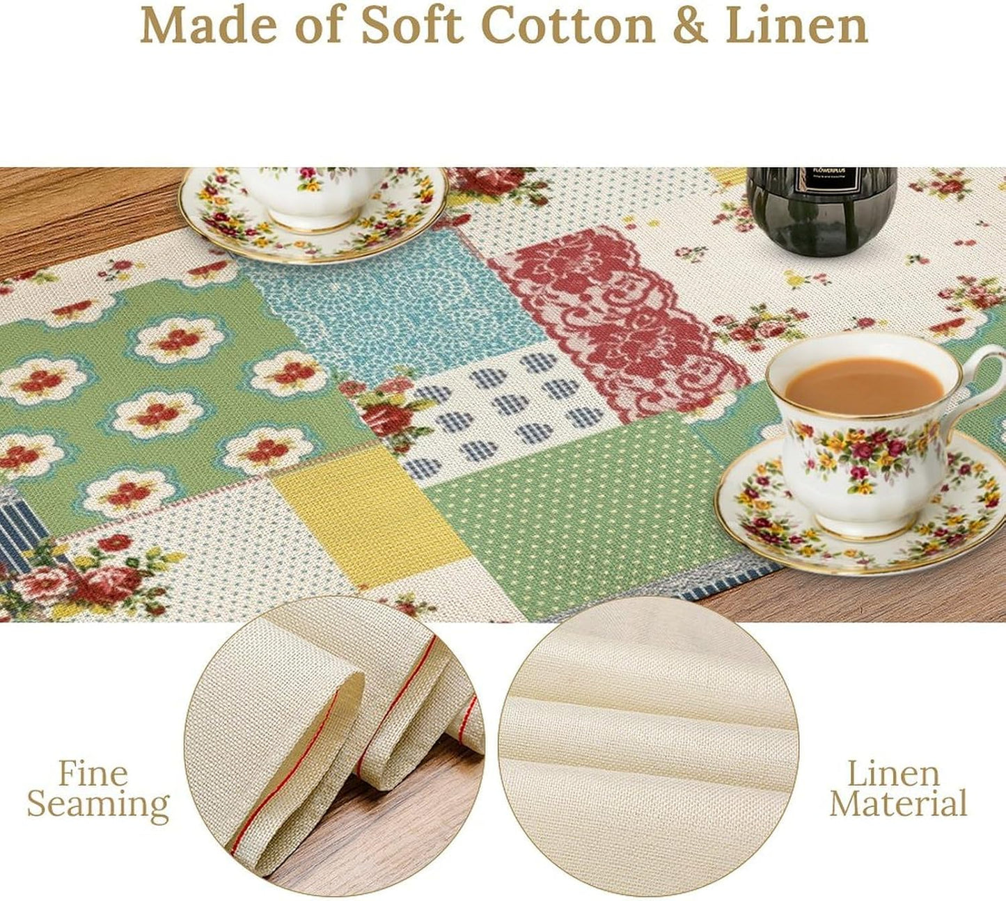 Patchwork Boho Table Runner,Vintage Colorful Floral Plaid Polka Dot Print Tablecloth Burlap for Hotel Indoors Outdoor Dining Room Kitchen Home Decor,W13X L80 in