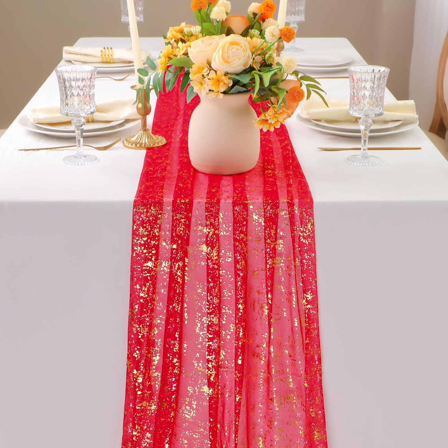 Snowkingdom 10FT Red Gold Table Runner, Sequin Glitter Sheer Chiffon Gauze Cheesecloth Runner 120 Inch, Red and Gold Party Decorations for Wedding Anniversary Birthday Graduation Christmas Holiday