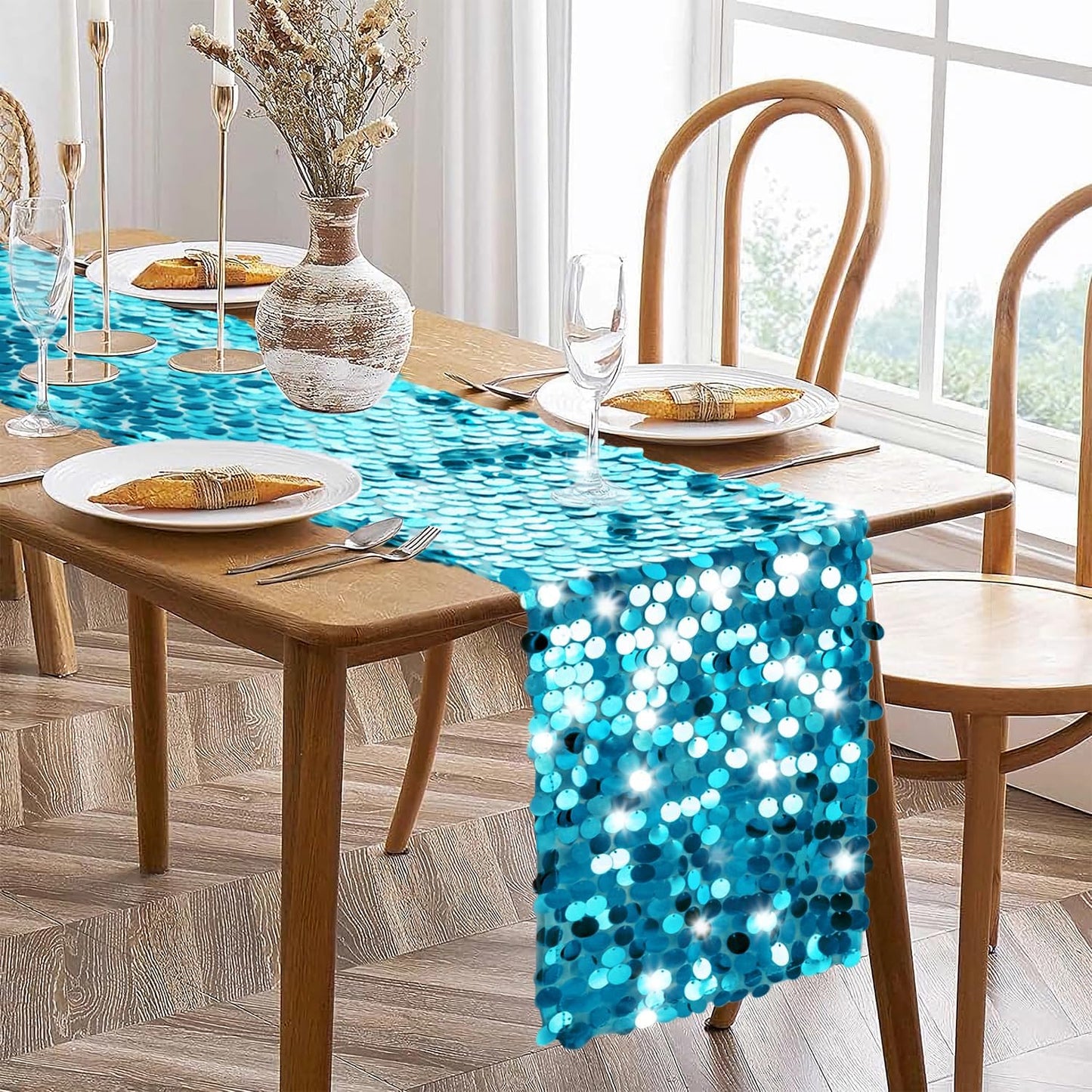VHH Sequin Table Runner 12 x 108 inches Turquoise Table Runner, Glitter Runner for Party Wedding Birthday, Party Spring Easter Rustic, Birthday Supplies Decorations (1 Pack).