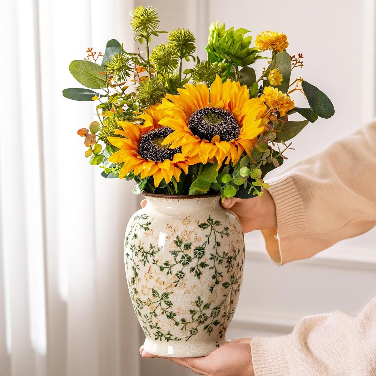 Vintage Green and Beige Vase, Round Ceramic Floral Vases, Retro Ice Cracked Chinoiserie Vase for Home Decor, Living Room, Bookshelf, Office, Grand Millennial Decor, Rustic Table Centerpiece 8 Inch