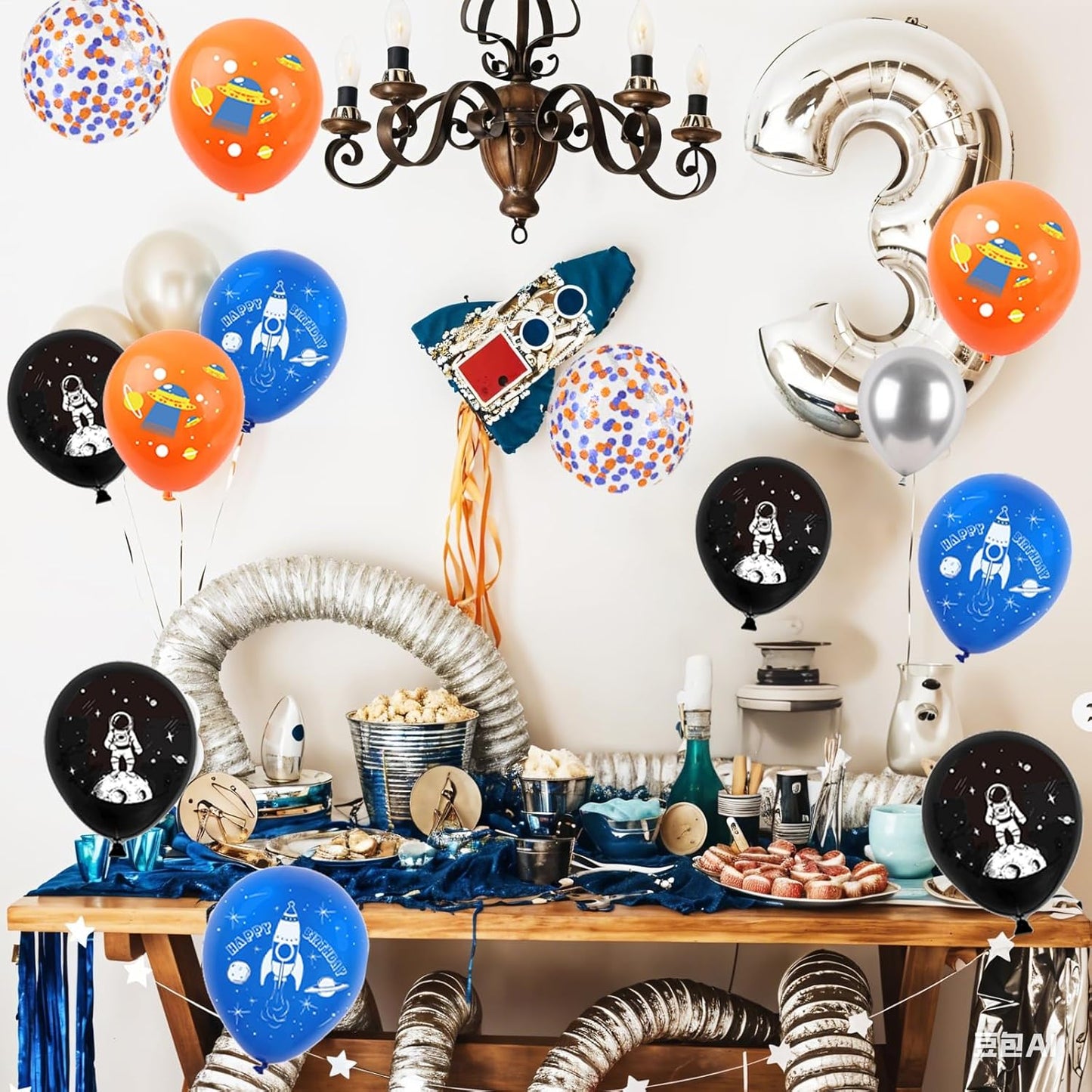 Space Balloons, 12 Inch Blue Black Orange Metallic Silver Confetti Balloons for Boy Space Themed Birthday UFO Party Decorations Baby Shower Graduation Supplies