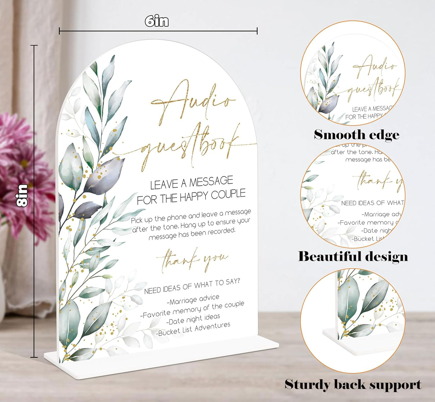 Acrylic Wedding Signs, Greenery Theme Audio Guestbook Sign, Wedding Reception Signage, Bridal Shower Table Decor with Stand, Engagement, Anniversary, Newlywed Events and Parties Supplies, 09