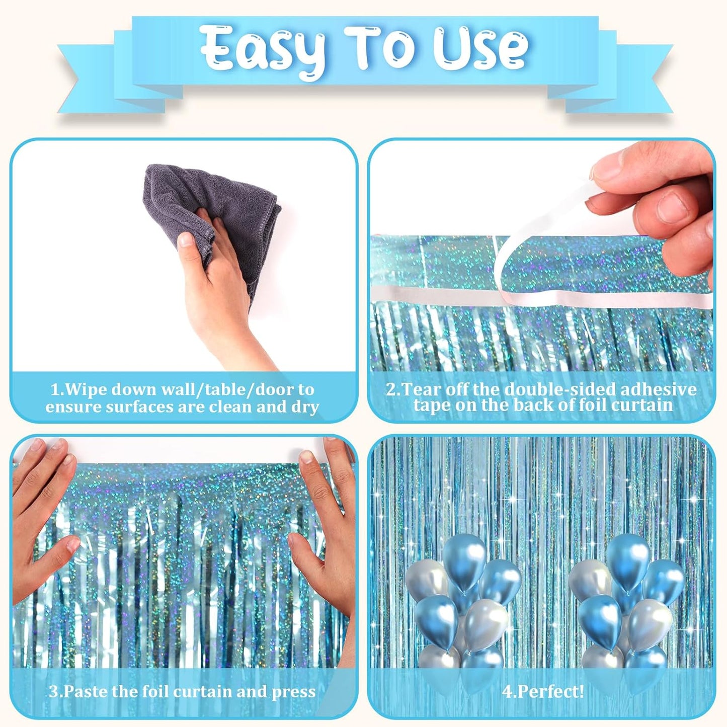 3 Pack 3.3 x 8.2 ft Laser Blue Foil Fringe Backdrop Curtains, Tinsel Streamers Party Decorations, Fringe Backdrop