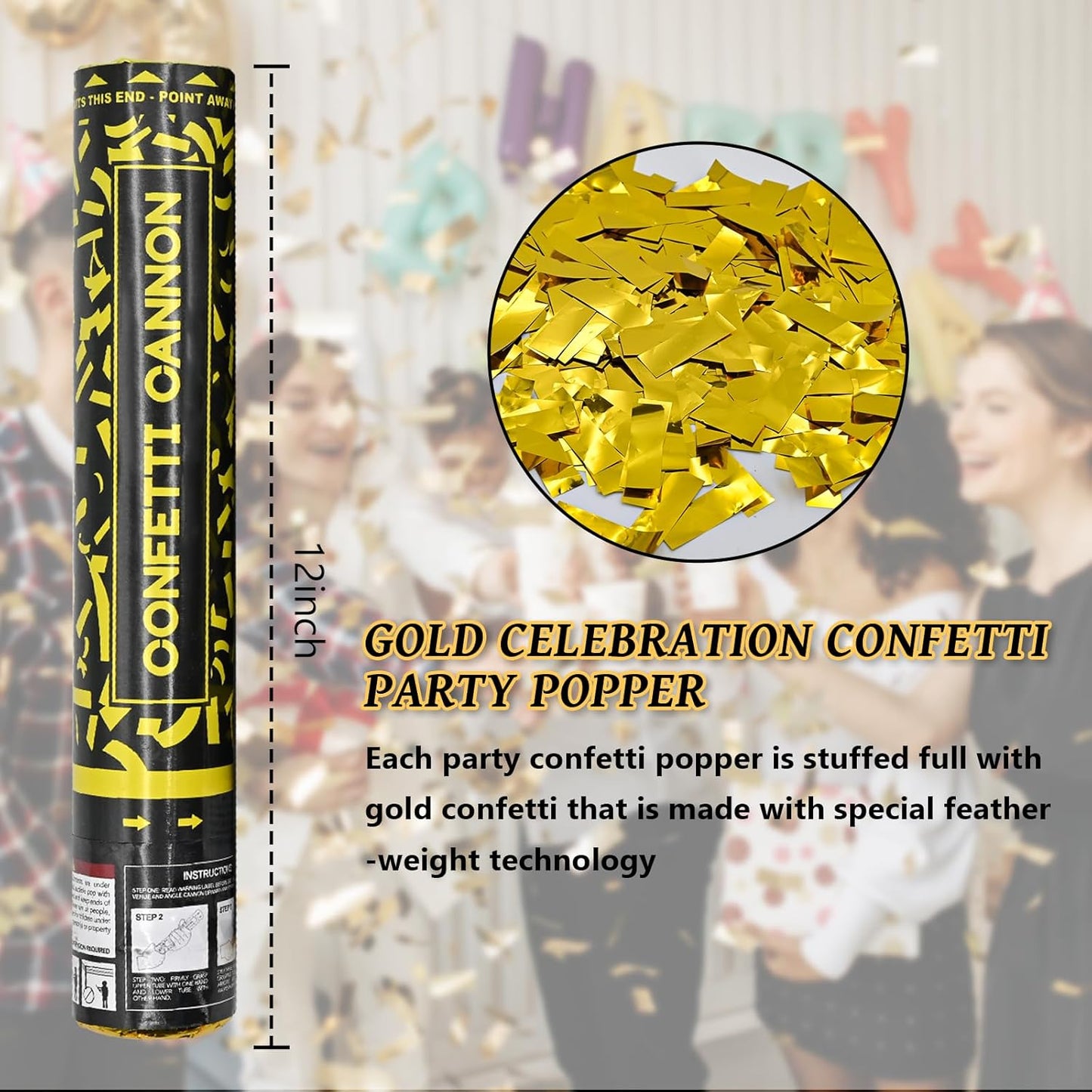 Gold Confetti Cannons 12 Pack - 12 inch Party Poppers with Gold Foil Confetti for Weddings, Birthdays, Graduations, Christmas, New Year Eve Party Supply