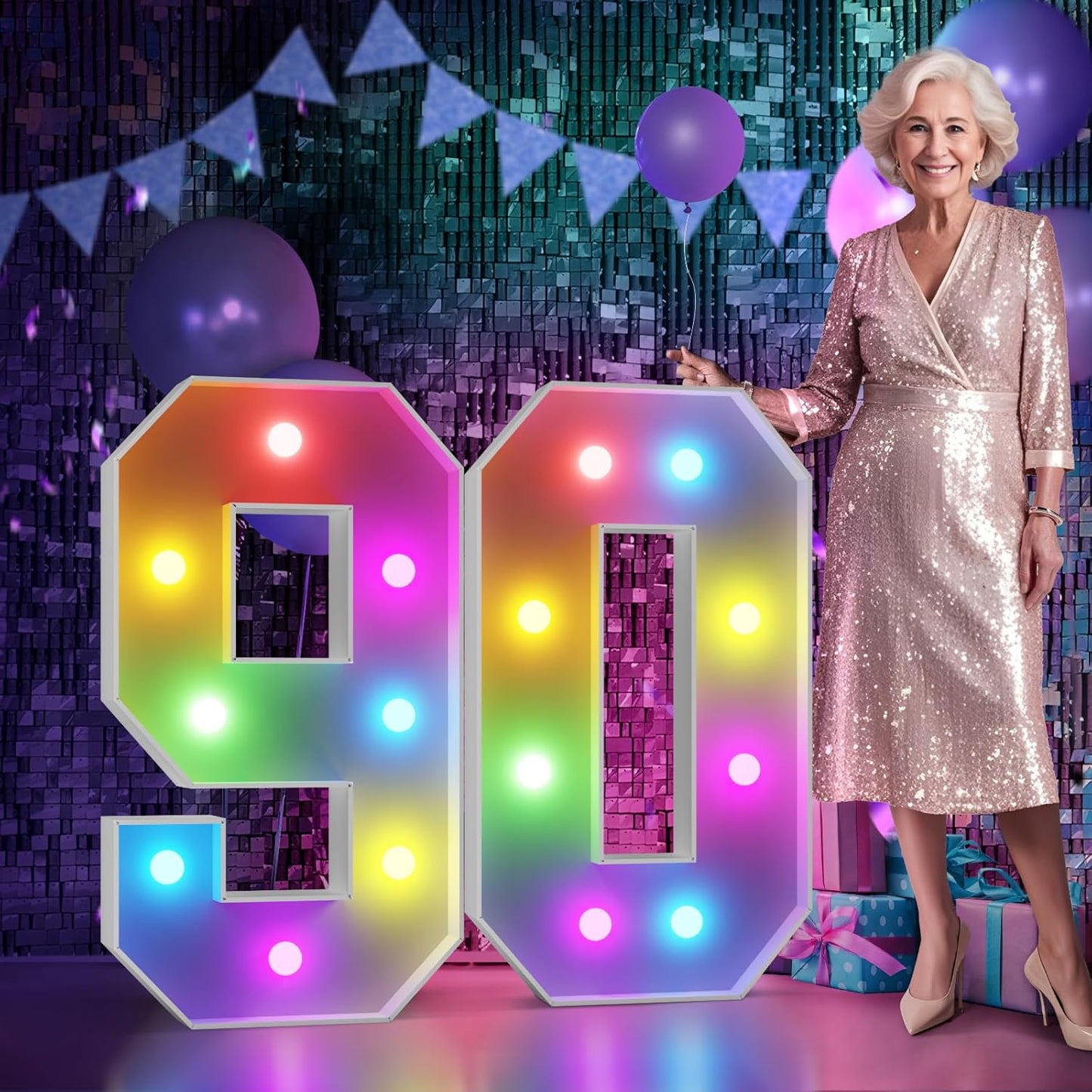 Marquee Numbers 90th-Birthday Decoration: Colorful 3FT Large Light Up 90 Year Old Birthday Decorations Anniversary Backdrop for Boys Girls Cardboard Sign 18 Colors Number 90 Mosaic Balloon Frame