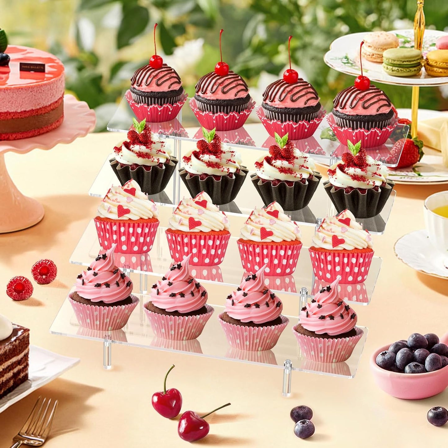 Acrylic Display Riser Stand Shelf Clear 4 Tier Cupcake Stand Perfume Display Holder Figures Desktop Decoration and Organizer Showcase Toys Retail Display Rack Candy Dessert Buffet 4 Step Collection (1 PACK)