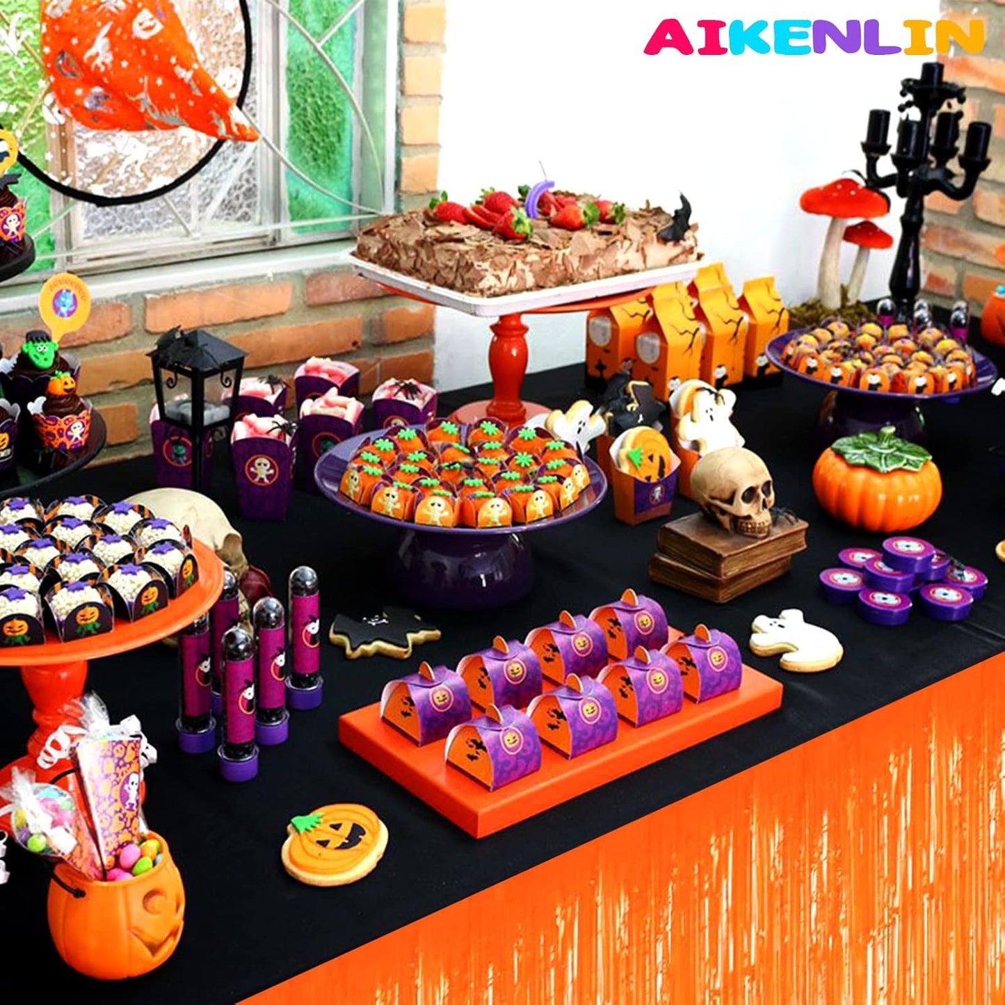 6 Pack 29x108 Inch Metallic Foil Fringe Tinsel Table Skirts Banner for Rectangle Tables Streamer Garland Curtains Backdrop for Wedding, Birthday, Parade Floats, Christmas Party Decoration(Orange)