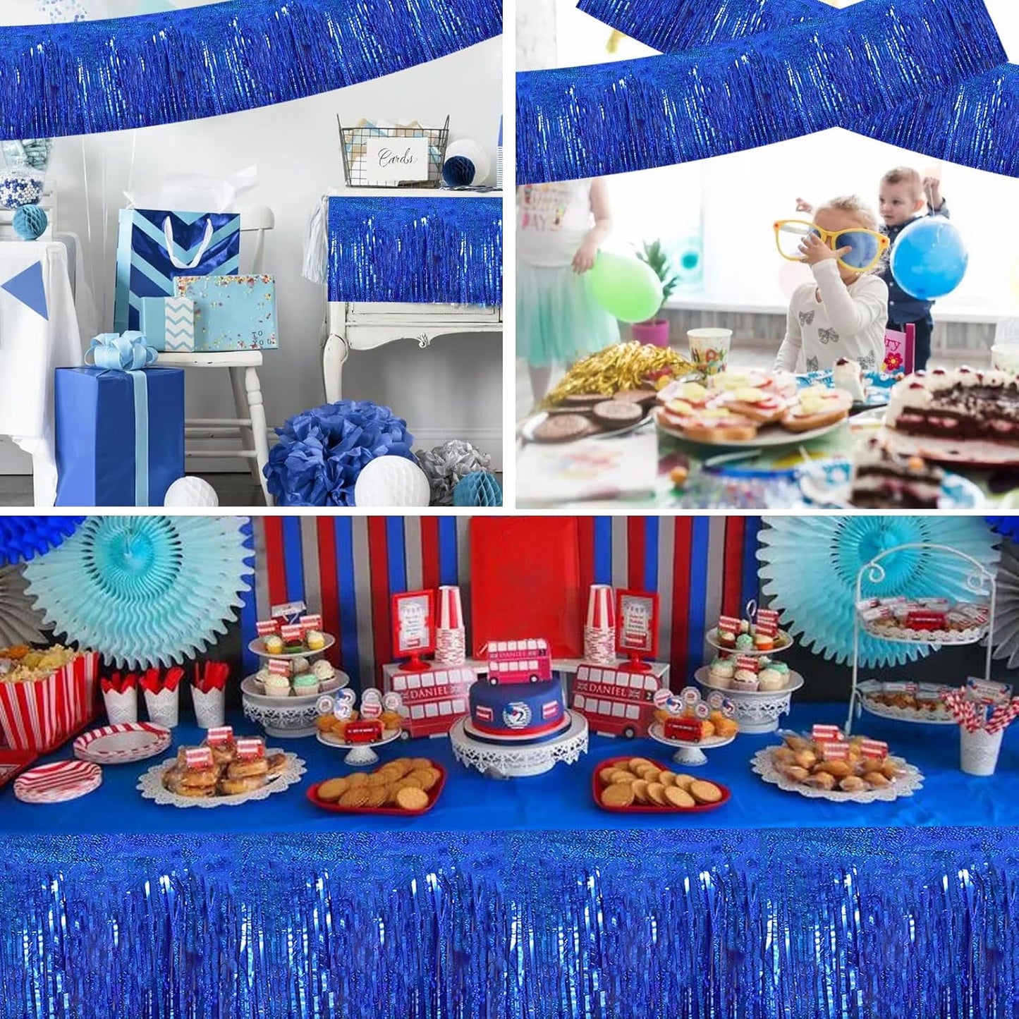 BEISHIDA 3 Packs Metallic Foil Fringe Garland Laser Blue Wall Hanging Tinsel Fringe Banners for Car Floats Bridal Shower Wedding Birthday Easter Graduation Holiday Party Decoration(30 Feet)