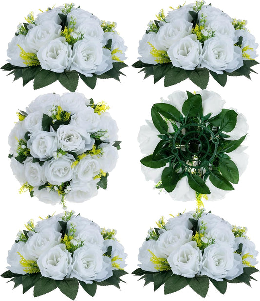 BLOSMON White Fake Flowers Centerpieces: 6 Pcs Artificial Roses Flower Ball for Wedding Dinning Table - Faux Silk Kissing Bouquet Floral Arrangement for Home Party Event Decor