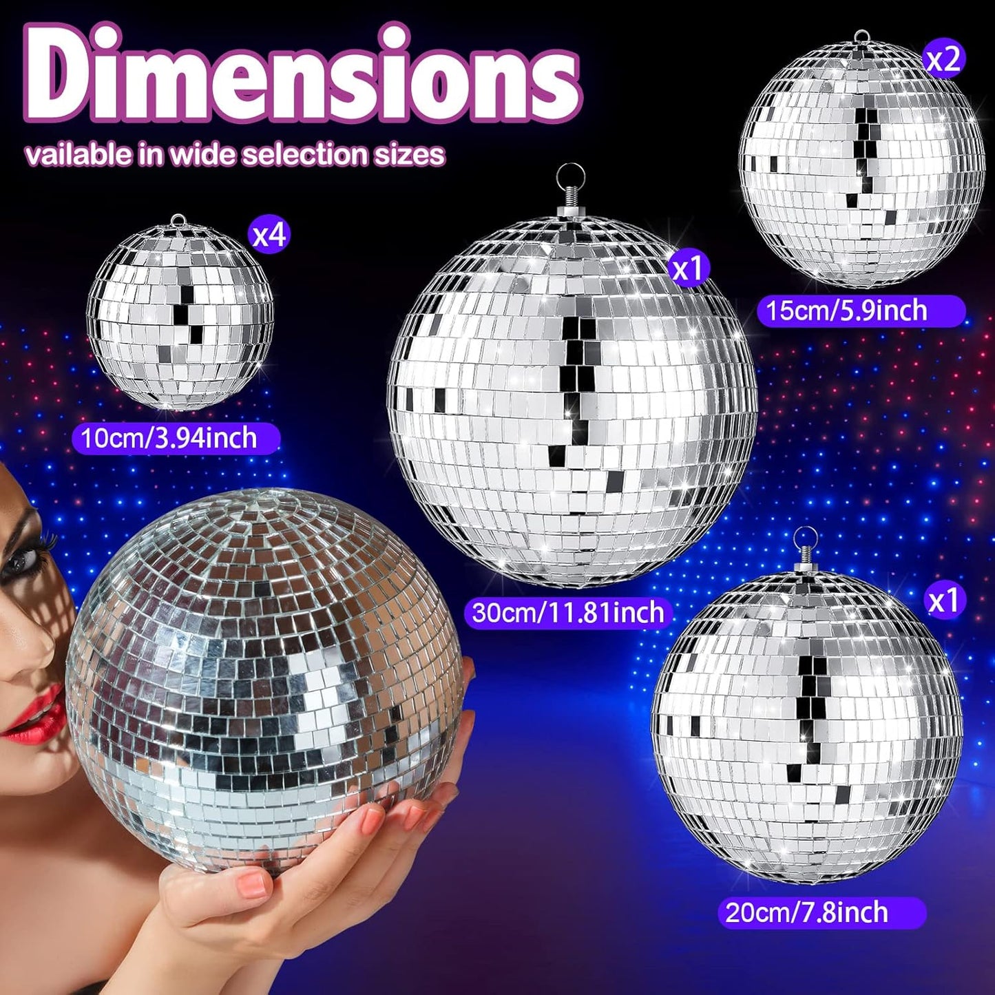Haull 8 Pcs Large Disco Ball Set Silver Mirror Disco Reflective Ball with Hanging Ring Party Ornament Decoration for Stage Club Ballroom Dance Hall Wedding Prom Props(12'', 8'', 6'', 4'')