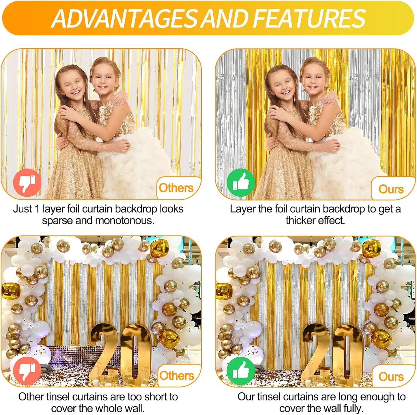 Crosize 2 Pack Foil Fringe Curtains Party Decorations, Gold Tinsel Curtain Backdrop for Parties, Door Streamers, Glitter Streamer Fringe Backdrop for Birthday Decoration (Gold and Silver, 2 Pack)