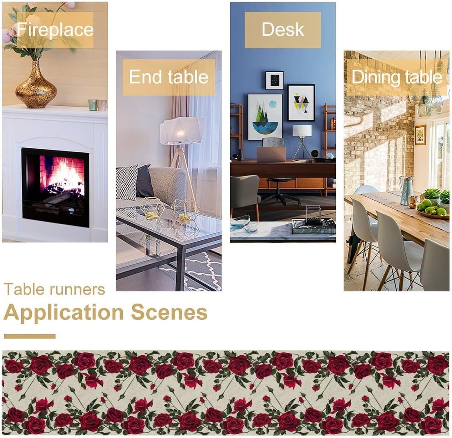 Rose Table Runner, Retro Red Rose Flowers Green Leaves Valentine's Day Kitchen Dinning Table Runner for Indoor Outdoor Home Wedding Party Holiday, 13x36 Inch