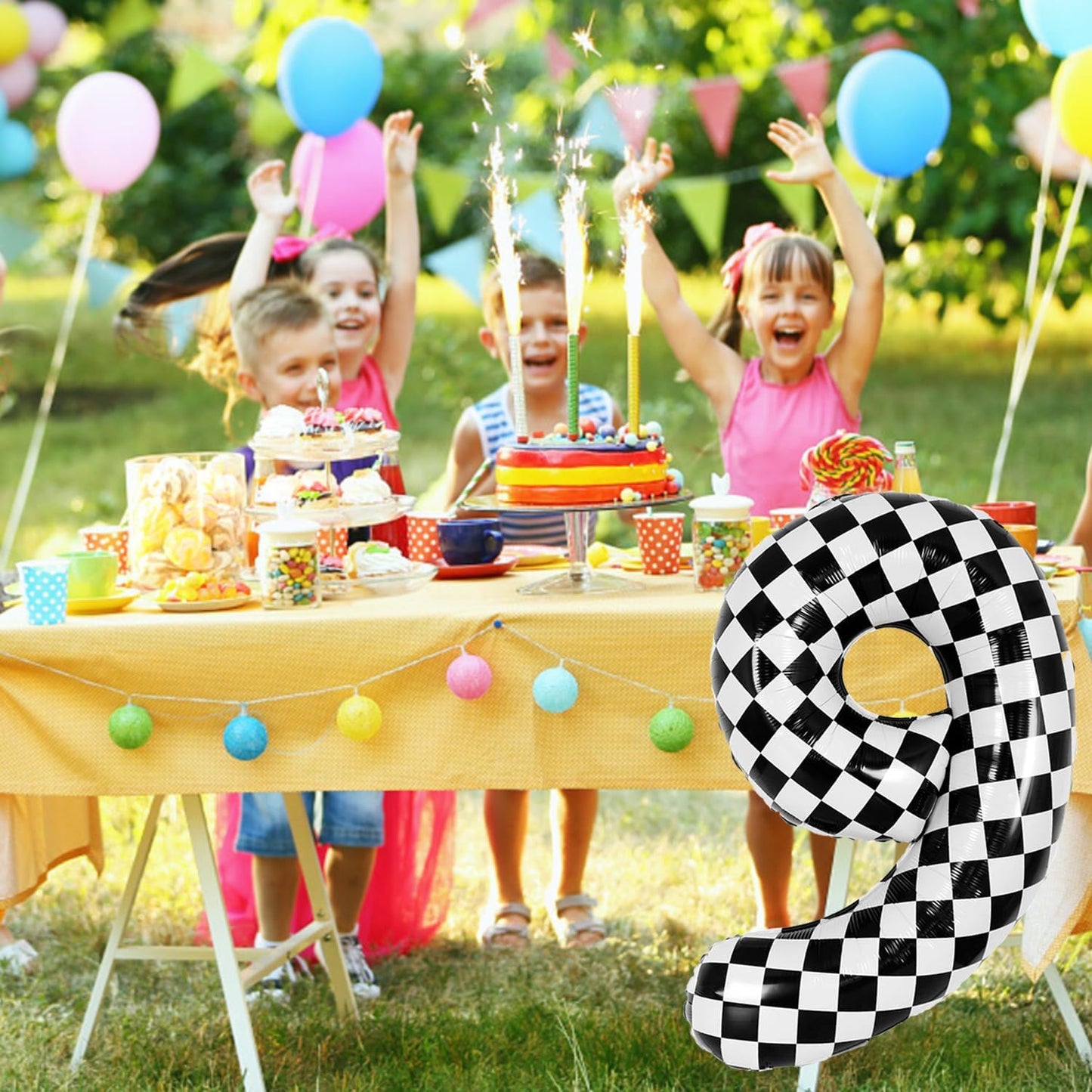 40 Inch Checkered Number Balloon - Race Flag Pattern Big Helium Balloon for Birthday Party Decorations - Black & White Balloon for Kids Adults Party Supplies (Racing Car, Number 9)