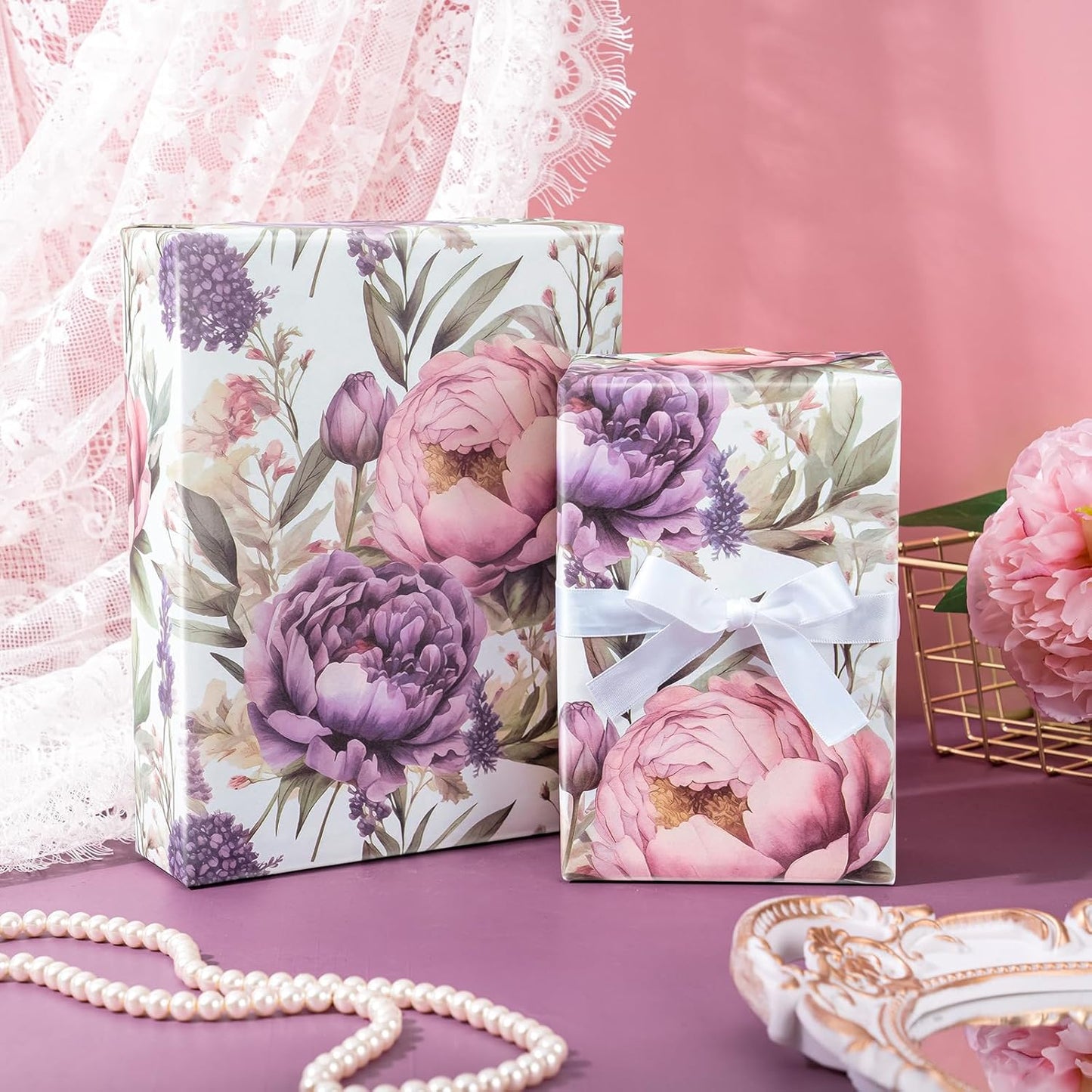 WRAPAHOLIC Floral Wrapping Paper Roll - Mini Roll - 17 Inch x 9.8 Feet - Purple Flower Wrapping Paper, Perfect for Girls Women Birthday, Wedding, Bridal Shower