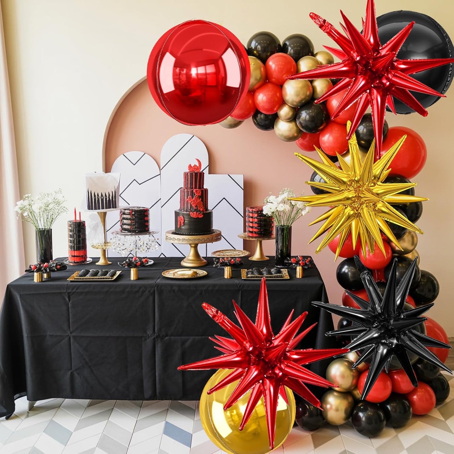 6Pcs Black Red Gold Foil Balloons,22Inch Black Gold Red 4D Round Ball Balloon and Explosion Star Balloon for Birthday Wedding Baby Shower Anniversary Party Decorations